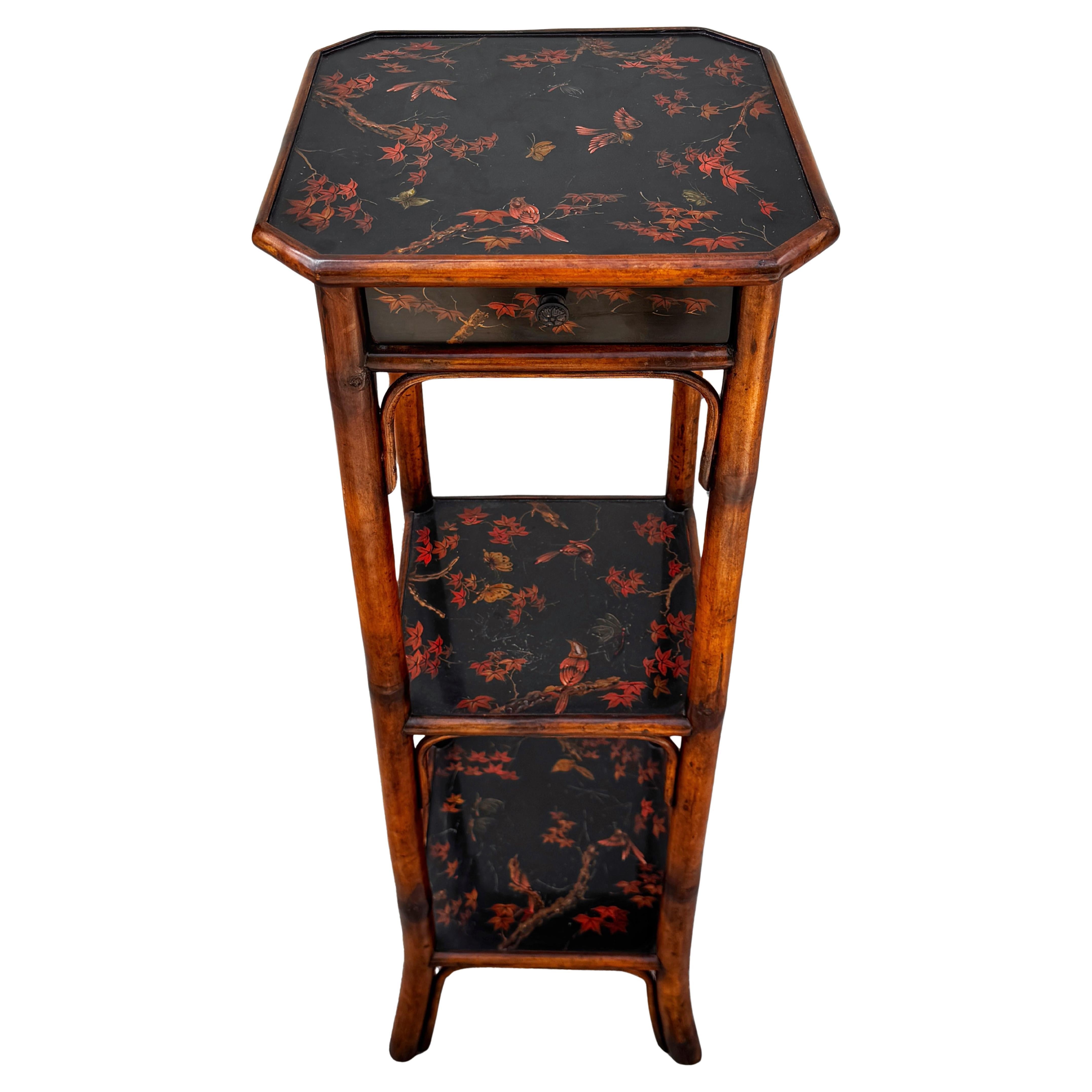 Chinoiserie Lacquered Bamboo 3-Tier Pedestal & Drawer, Atrib. Theodore Alexander
