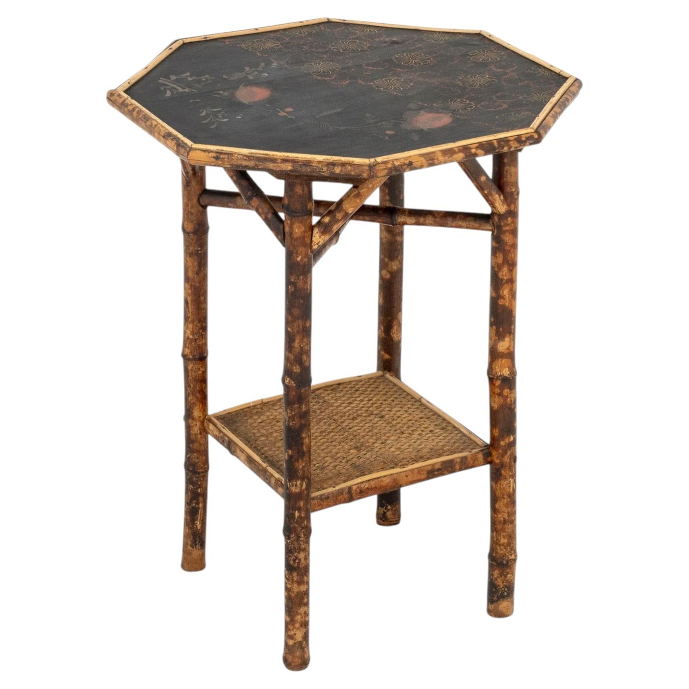 Chinoiserie Lacquered Bamboo Lamp Table, Octagonal Top with Floral Design For Sale