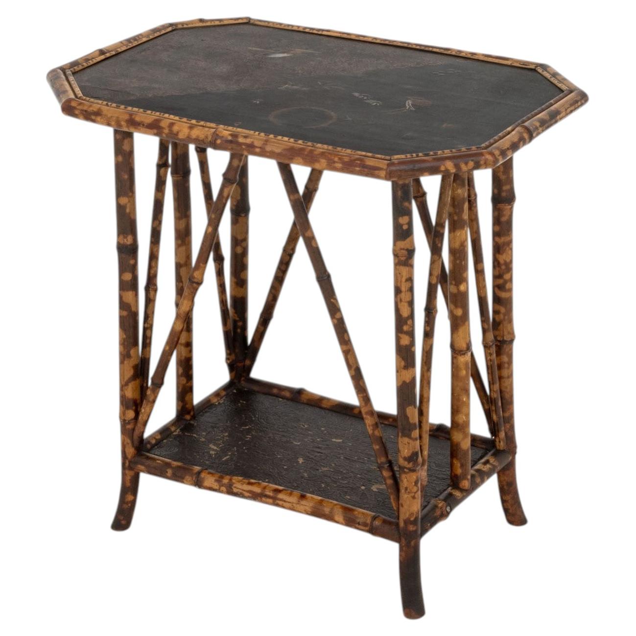 Chinoiserie Lacquered Bamboo Two-Tier Side Table with Painted Floral Design For Sale