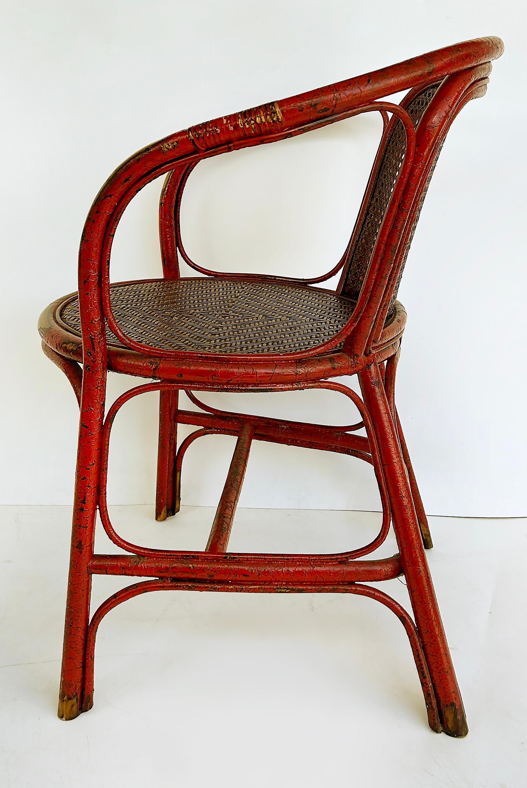 Chinoiserie Lacquered Bentwood, Cane, Accent Armchair with a Woven Grass Seat In Good Condition For Sale In Miami, FL