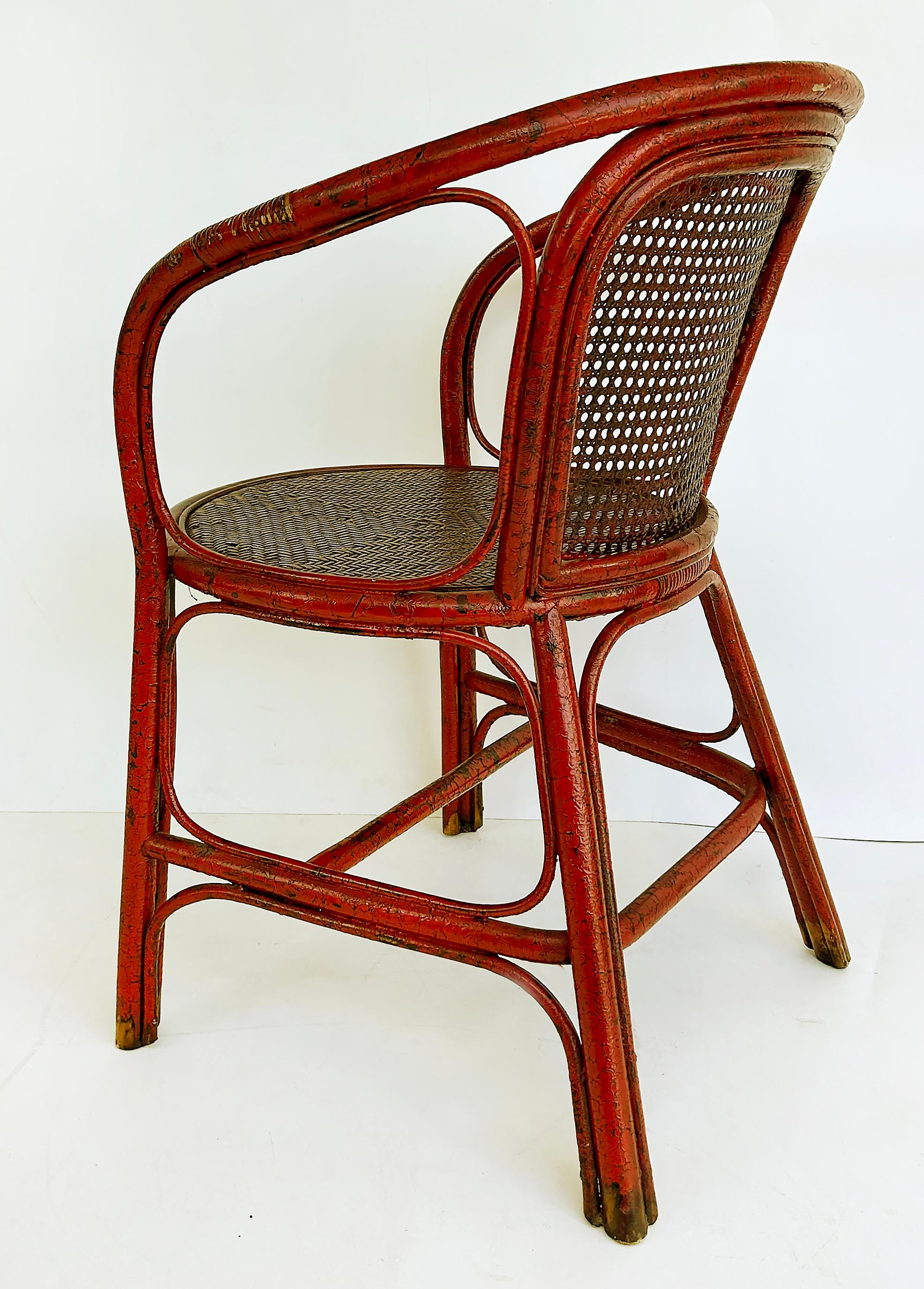 20th Century Chinoiserie Lacquered Bentwood, Cane, Accent Armchair with a Woven Grass Seat For Sale