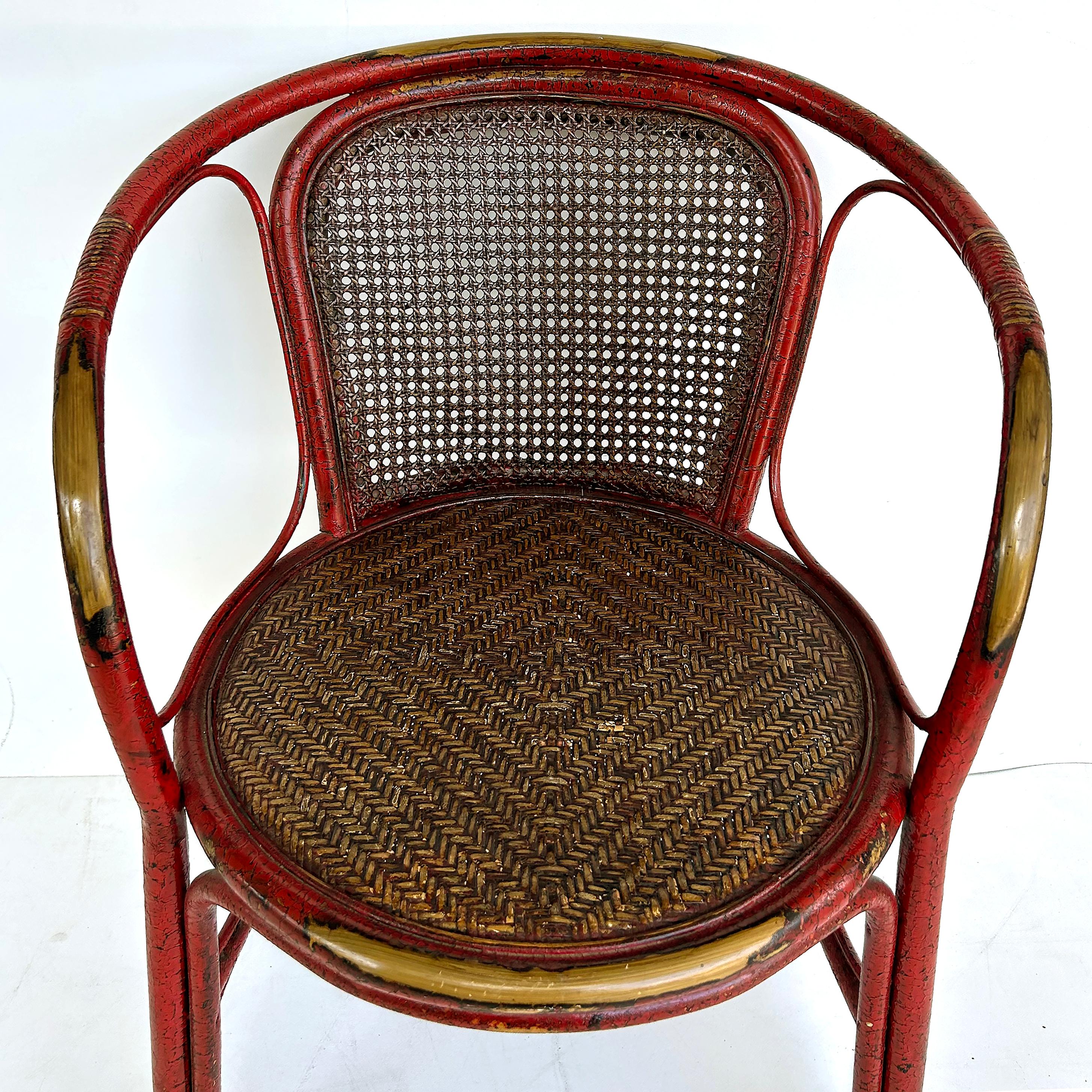 Chinoiserie Lacquered Bentwood, Cane, Accent Armchair with a Woven Grass Seat For Sale 2
