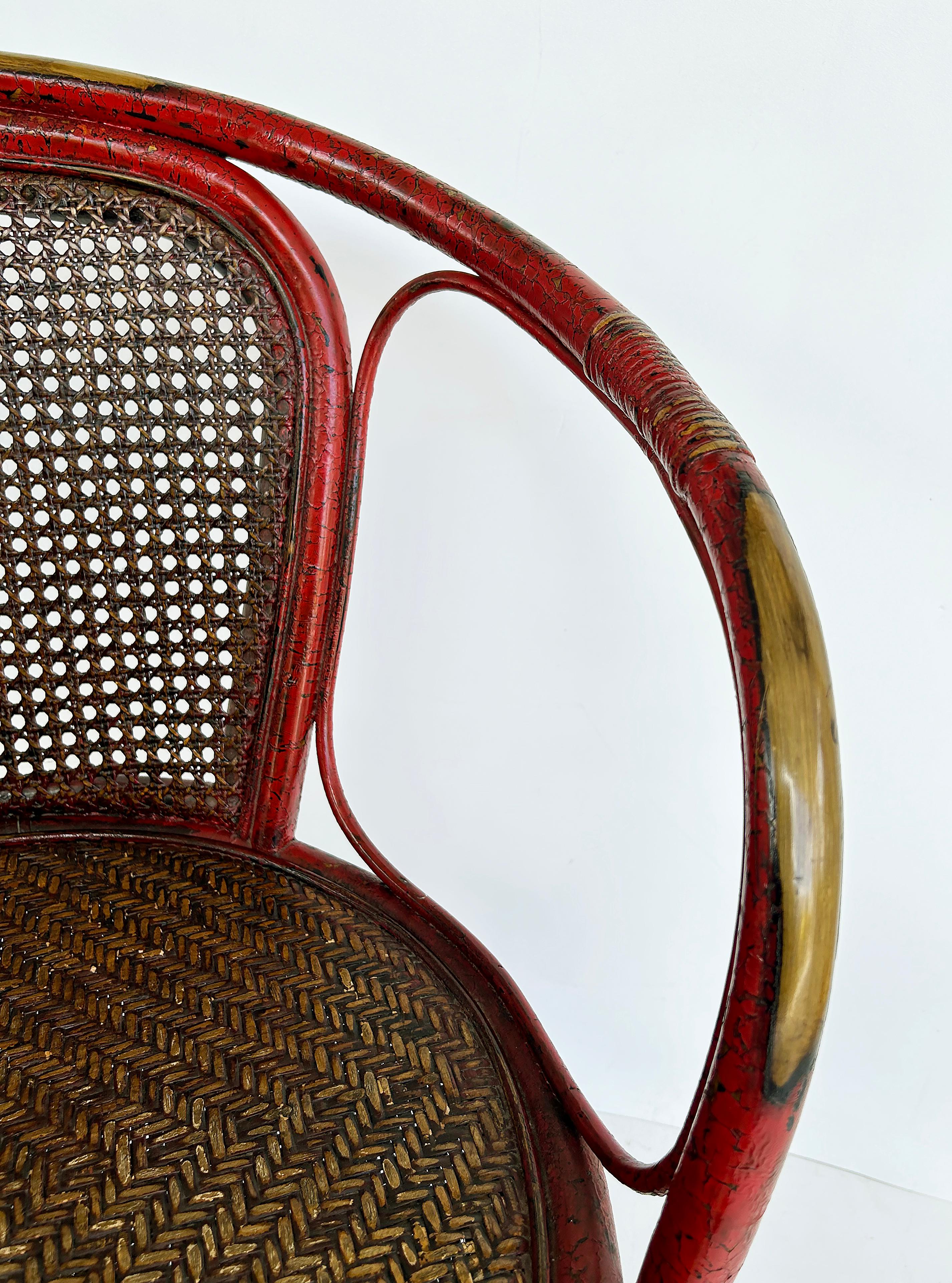 Chinoiserie Lacquered Bentwood, Cane, Accent Armchair with a Woven Grass Seat For Sale 4