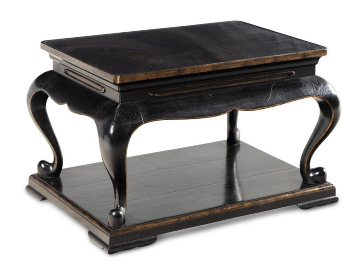 Just in this Chinoiserie Lacquered Coromandel Coffee Table in a Black Lacquer crackled finish with a beautiful gold lacquer design.
This table is by the famous California designer, Rose Tarlow.
The top plateau is very well decorated with a gold