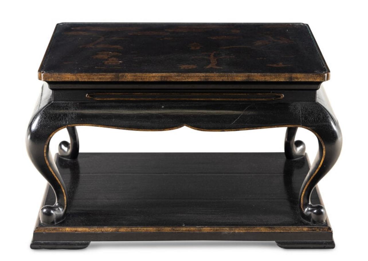 American Black Lacquered & Gold Coromandel 2 Tier Coffee Table, By Rose Tarlow