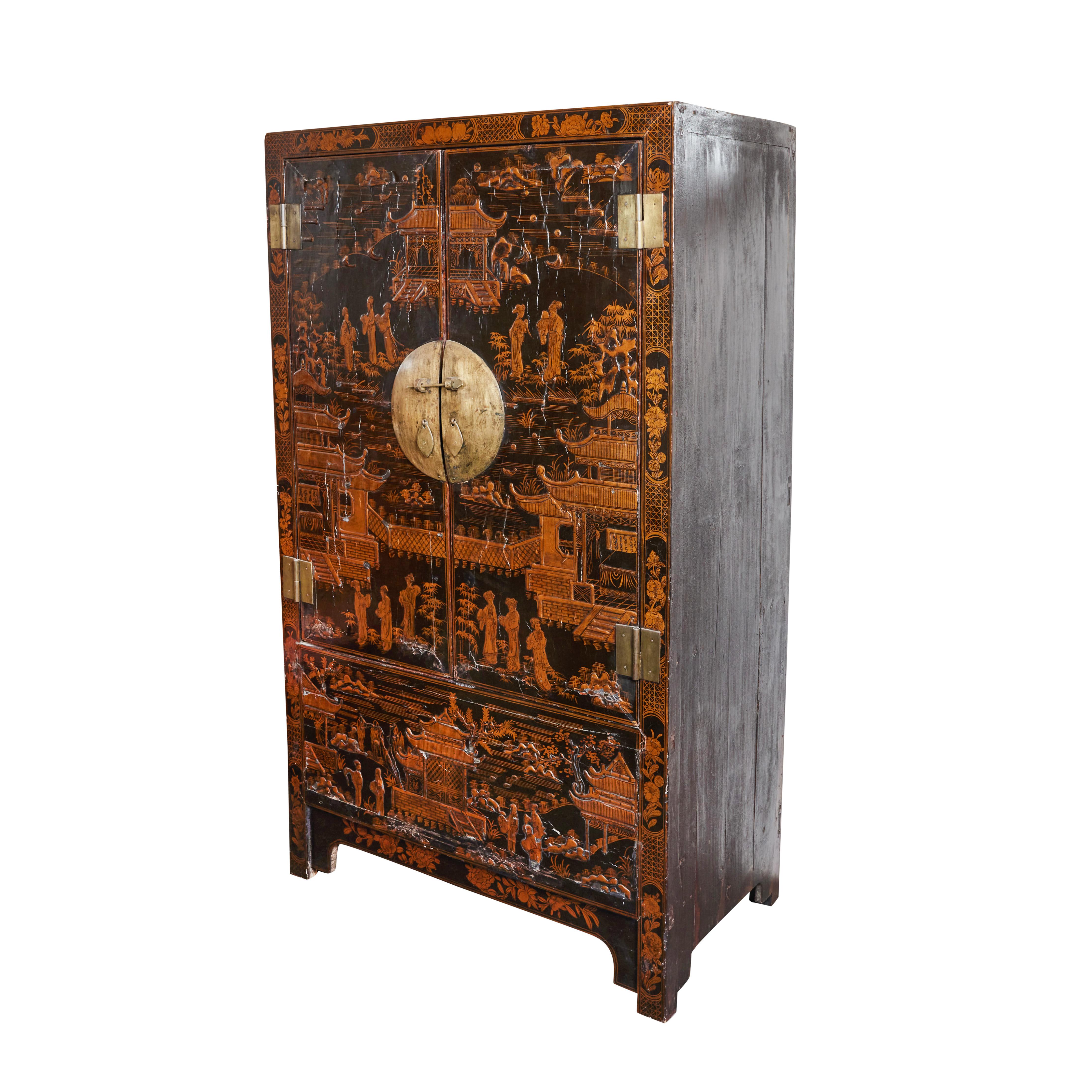 Continental 2 door hand painted and lacquered cabinet with Chinoiserie design on front. Antiqued bronze hardware. 2 interior shelves.