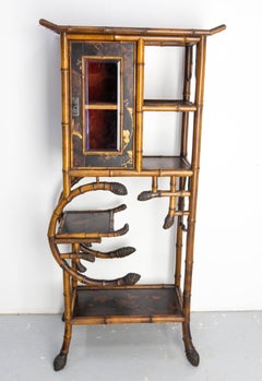 Chinoiserie Lacquered Cabinet & Side Table Faux Bamboo Turned Wood late 19th C