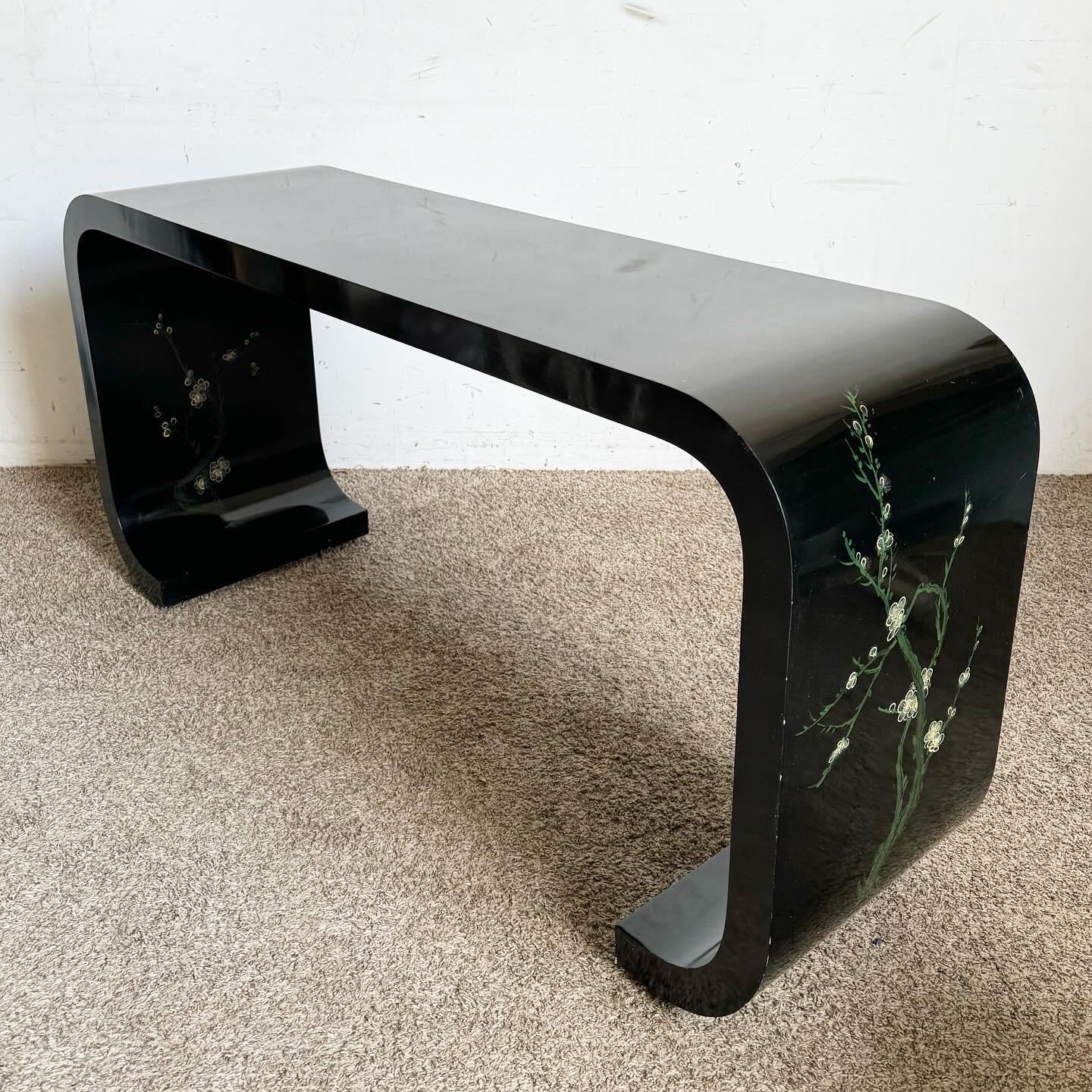 Unknown Chinoiserie Lacquered Hand Painted Waterfall Console Table Karl Springer Style For Sale