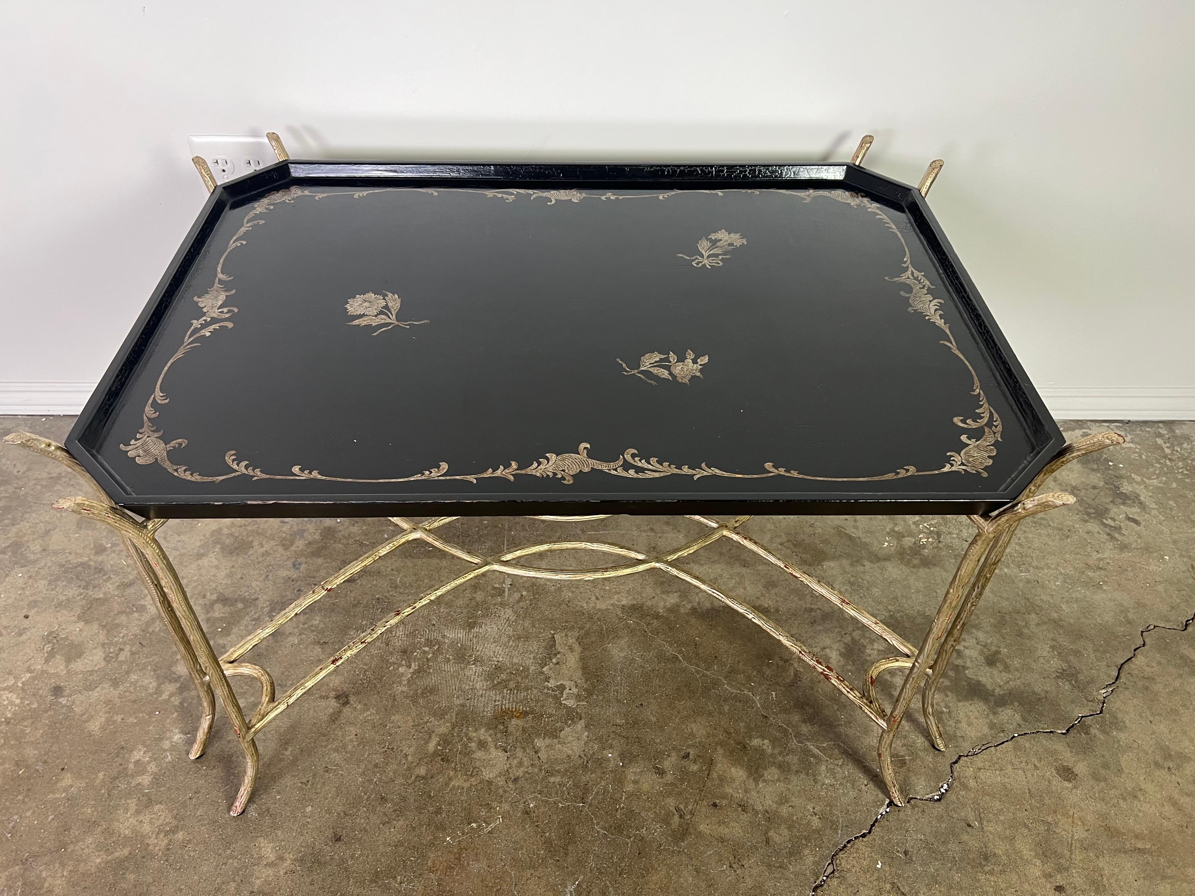 American Chinoiserie Lacquered Tea Table on Metal Base by Ebanista For Sale