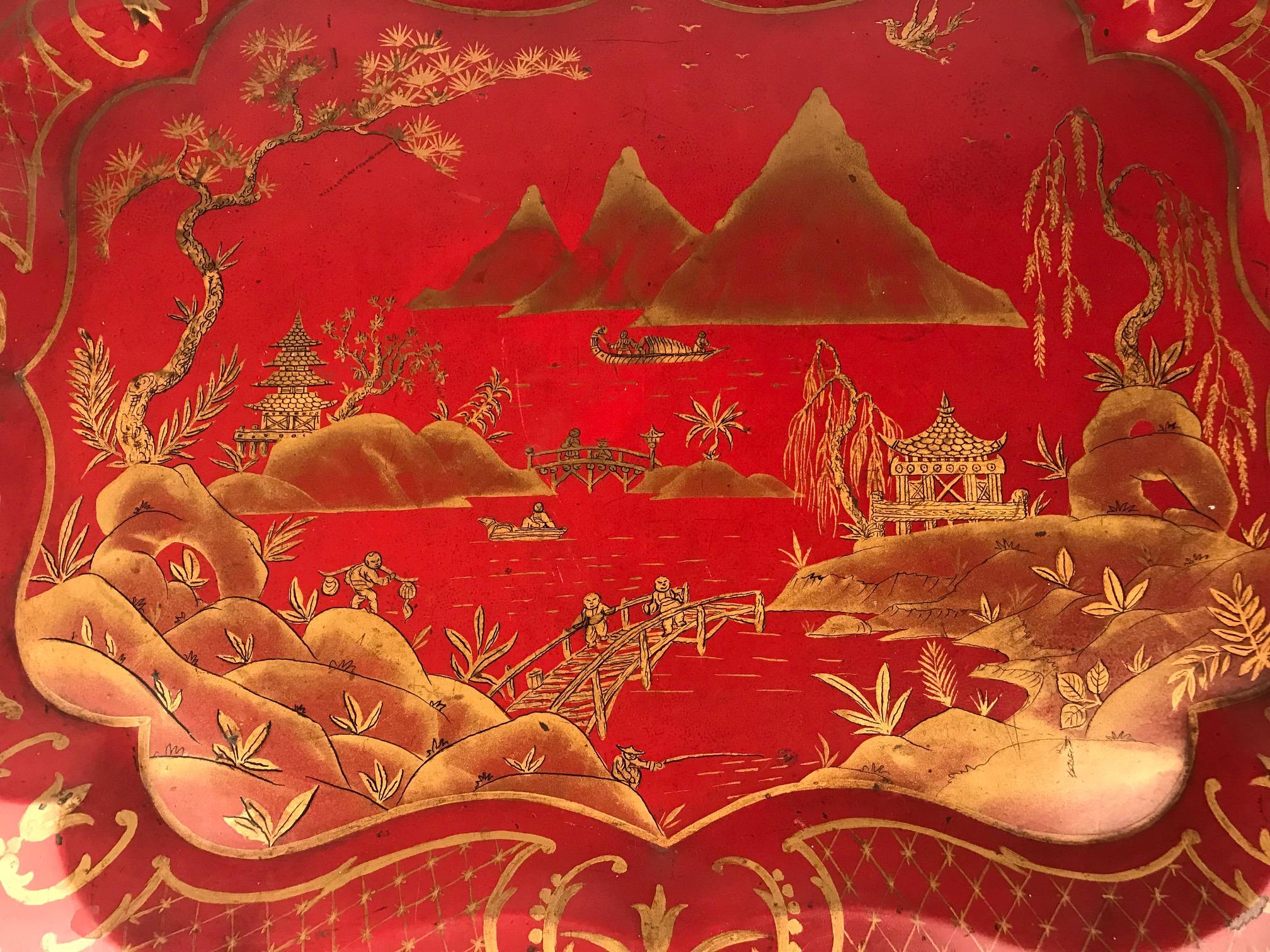 English Chinoiserie Lacquered Tole Tray Table For Sale