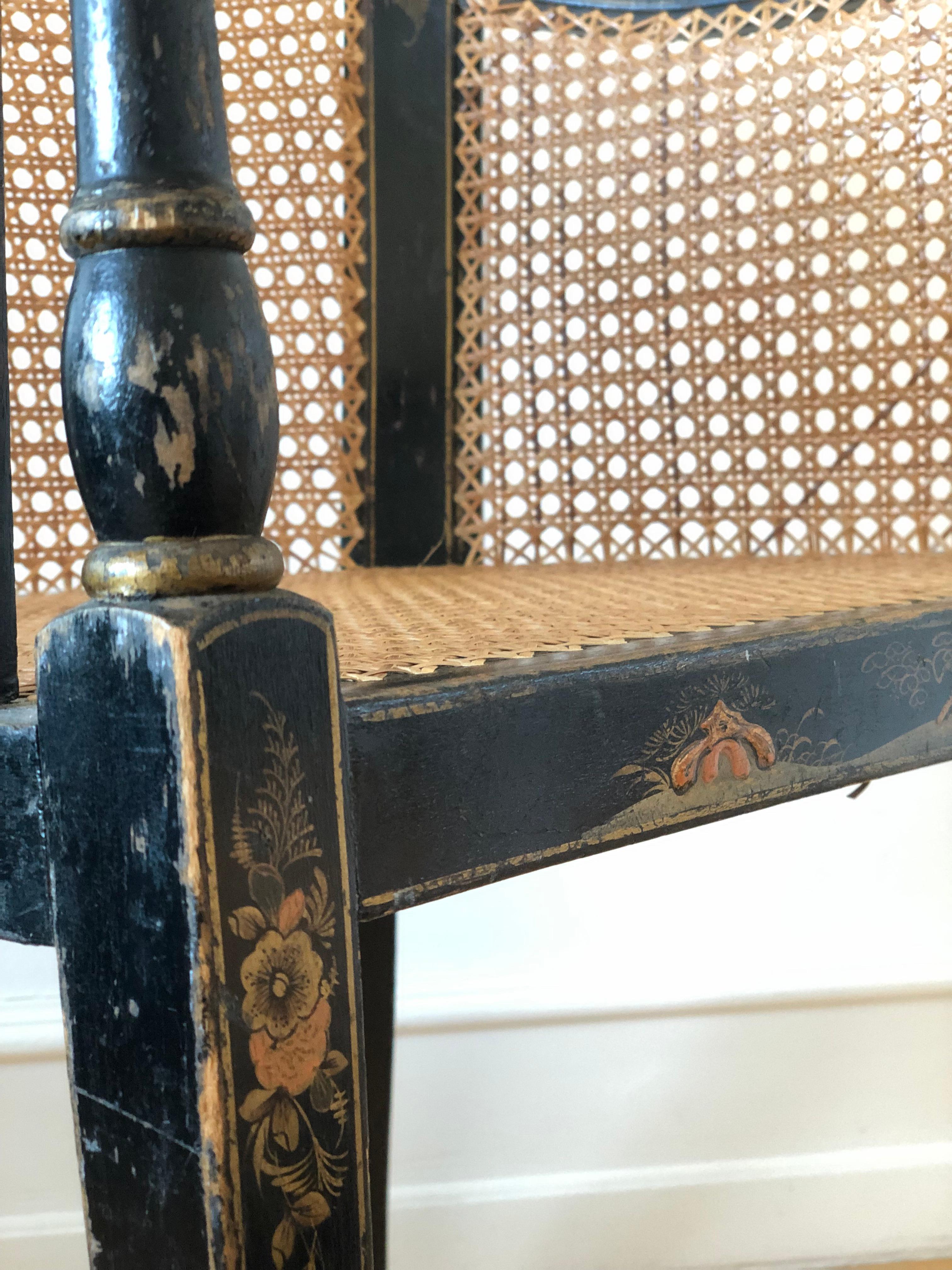 British Chinoiserie Lacquered Tub Chair with Cane United KIngdom 1920s For Sale