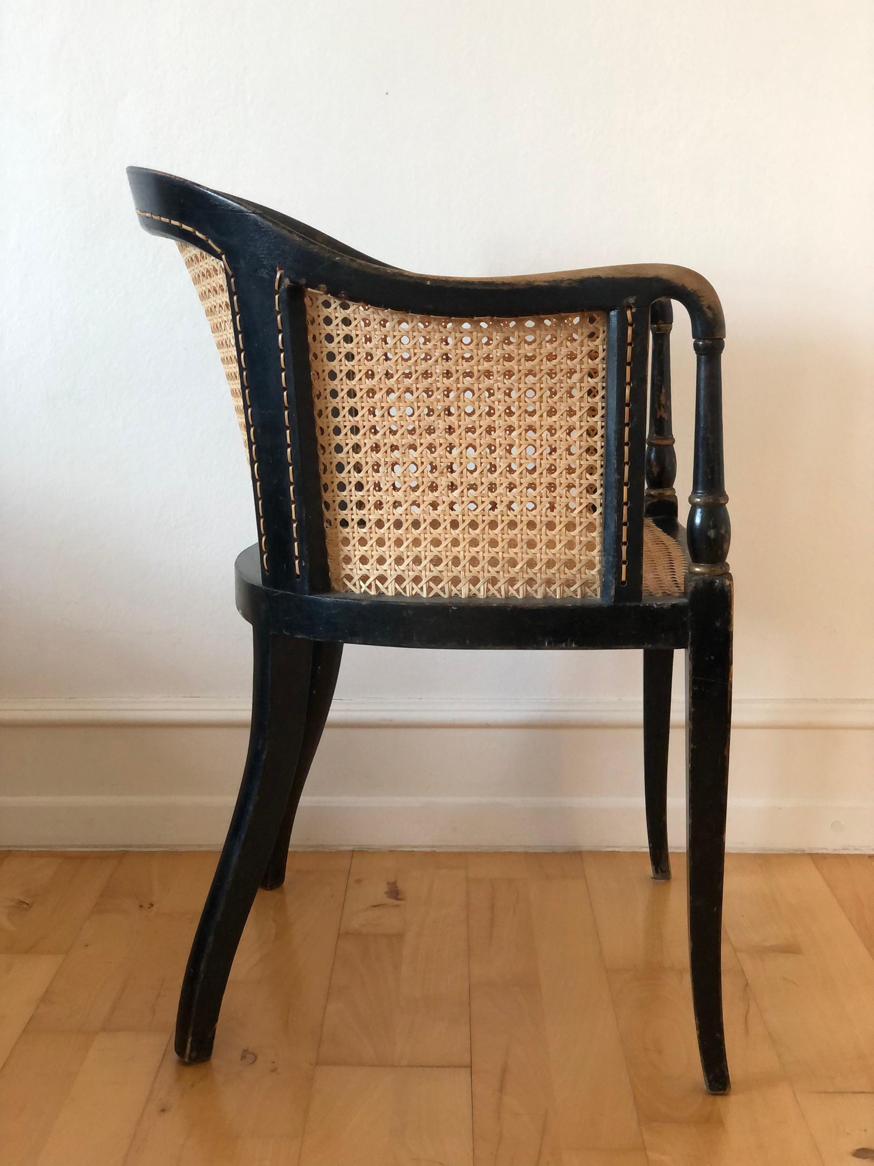 Hand-Painted Chinoiserie Lacquered Tub Chair with Cane United KIngdom 1920s For Sale