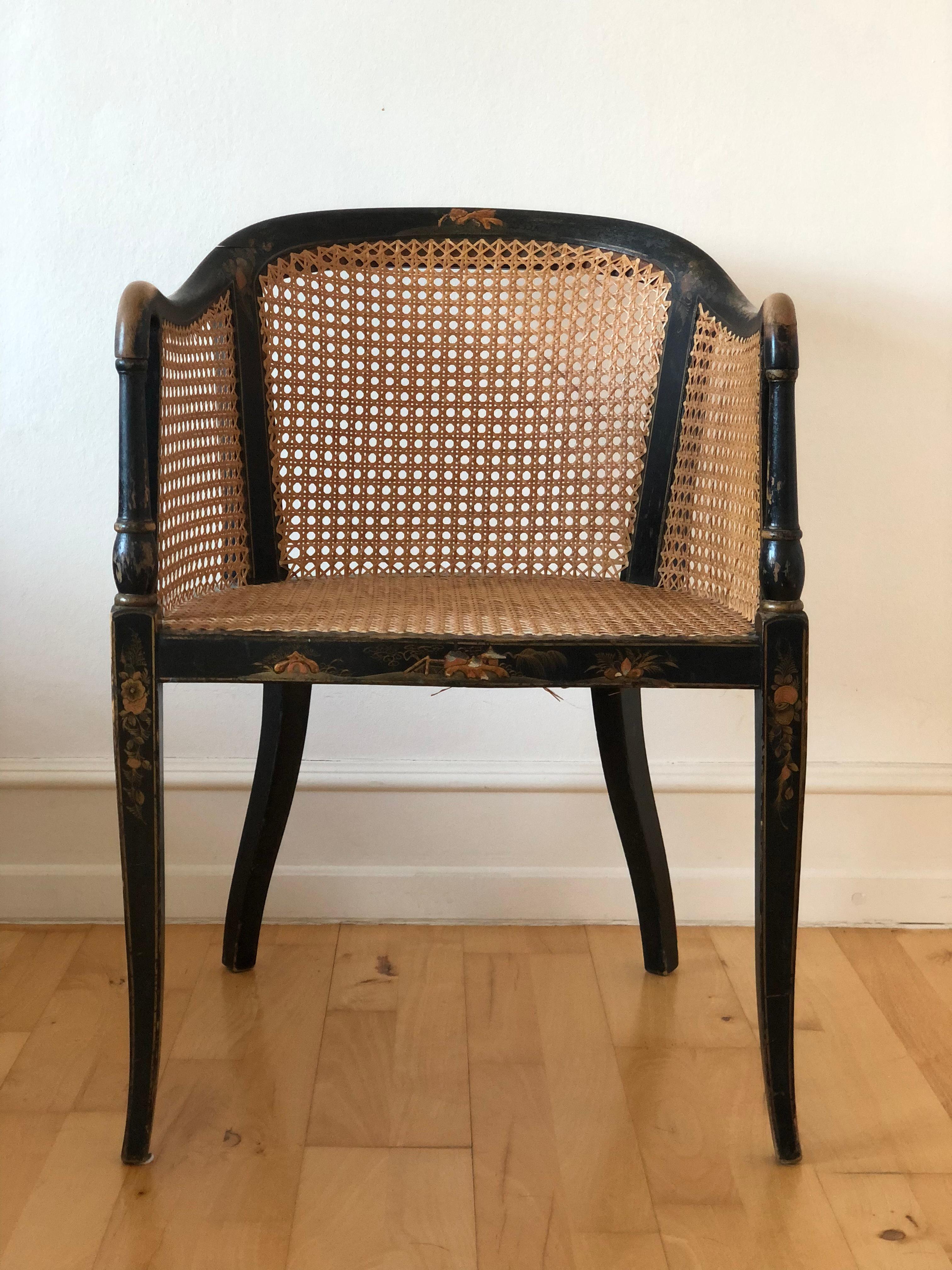 Early 20th Century Chinoiserie Lacquered Tub Chair with Cane United KIngdom 1920s For Sale