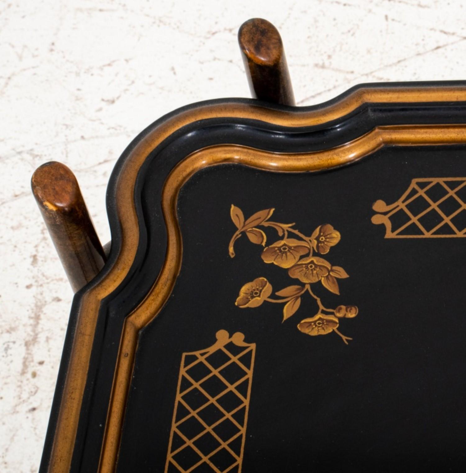 Chinoiserie Lacquered Wood Tray on Bamboo Stand In Good Condition For Sale In New York, NY