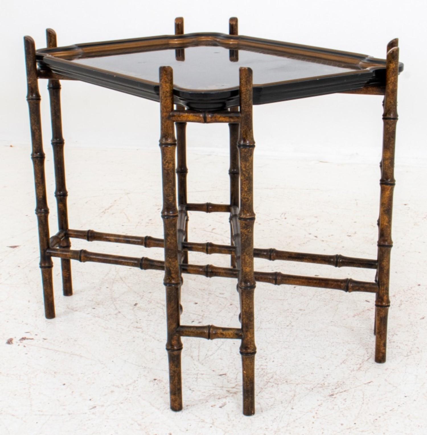Chinoiserie Lacquered Wood Tray on Bamboo Stand For Sale 1