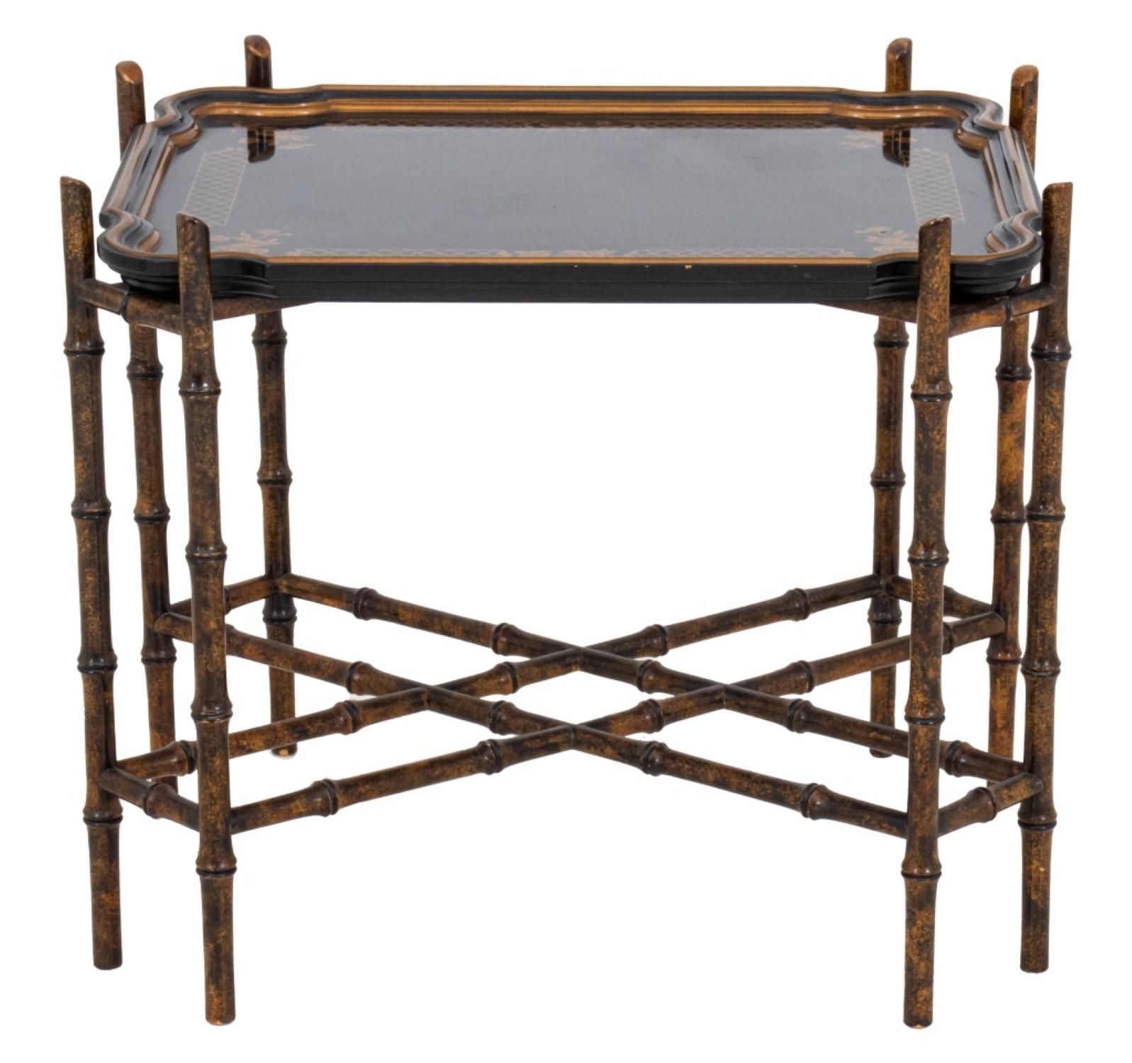 Chinoiserie Lacquered Wood Tray on Bamboo Stand For Sale 2