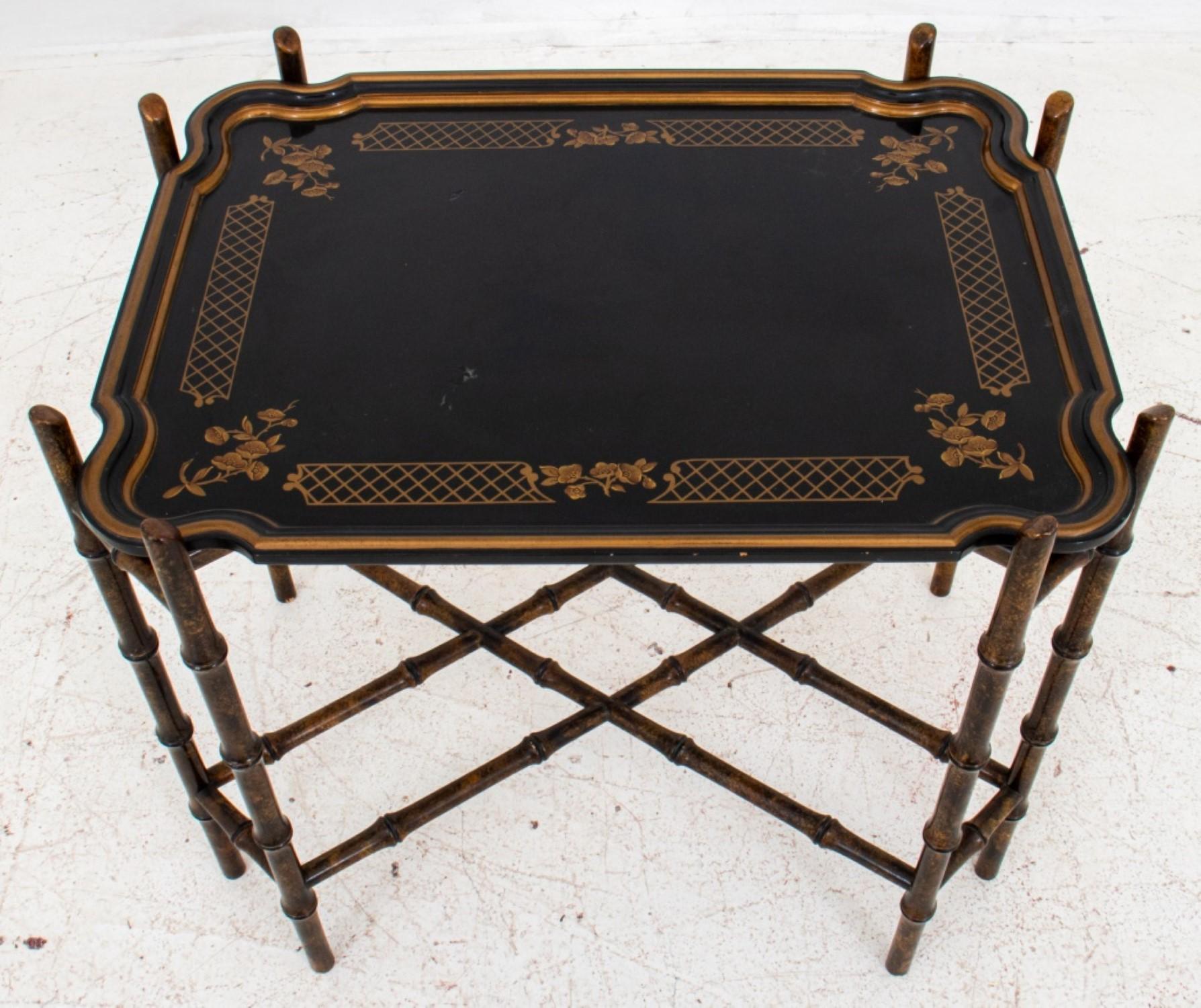 Chinoiserie Lacquered Wood Tray on Bamboo Stand For Sale 3