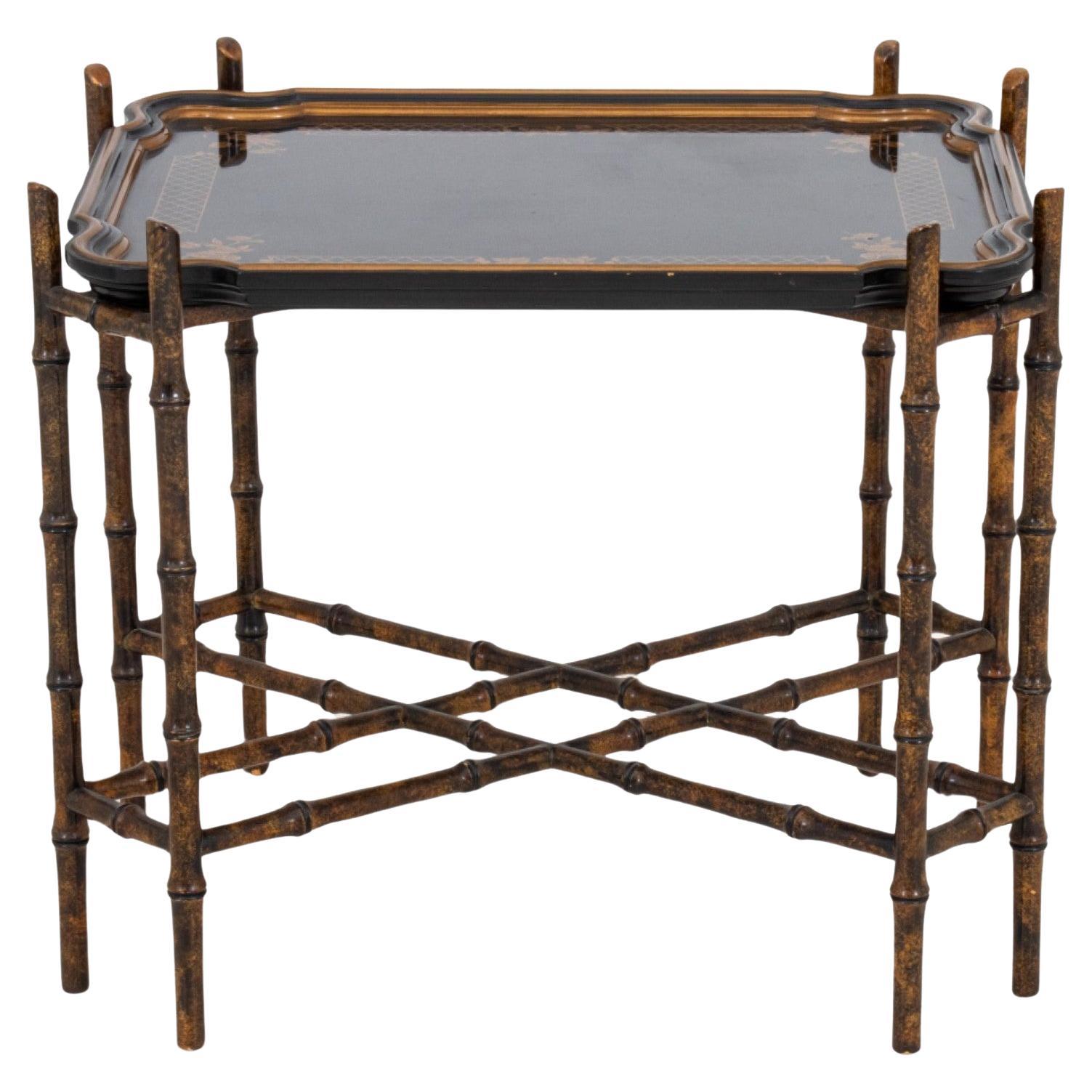 Chinoiserie Lacquered Wood Tray on Bamboo Stand For Sale