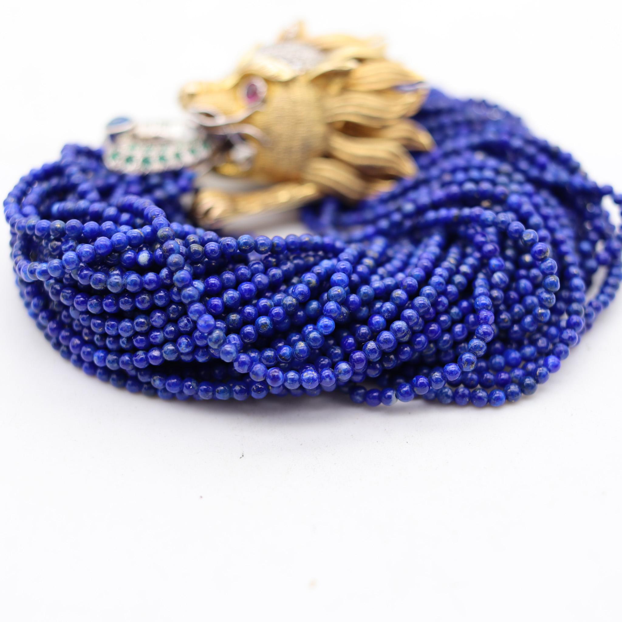 Modernist Chinoiserie Lapis Bracelet In 18Kt Gold With 2.17 Ctw Diamonds Emeralds & Rubies