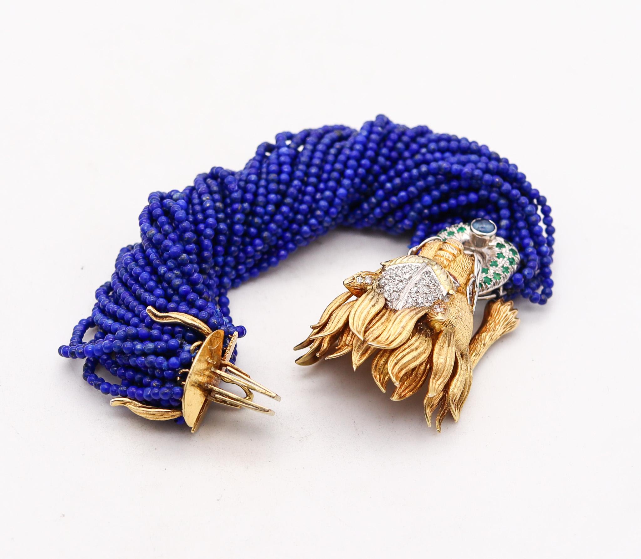 Brilliant Cut Chinoiserie Lapis Bracelet In 18Kt Gold With 2.17 Ctw Diamonds Emeralds & Rubies