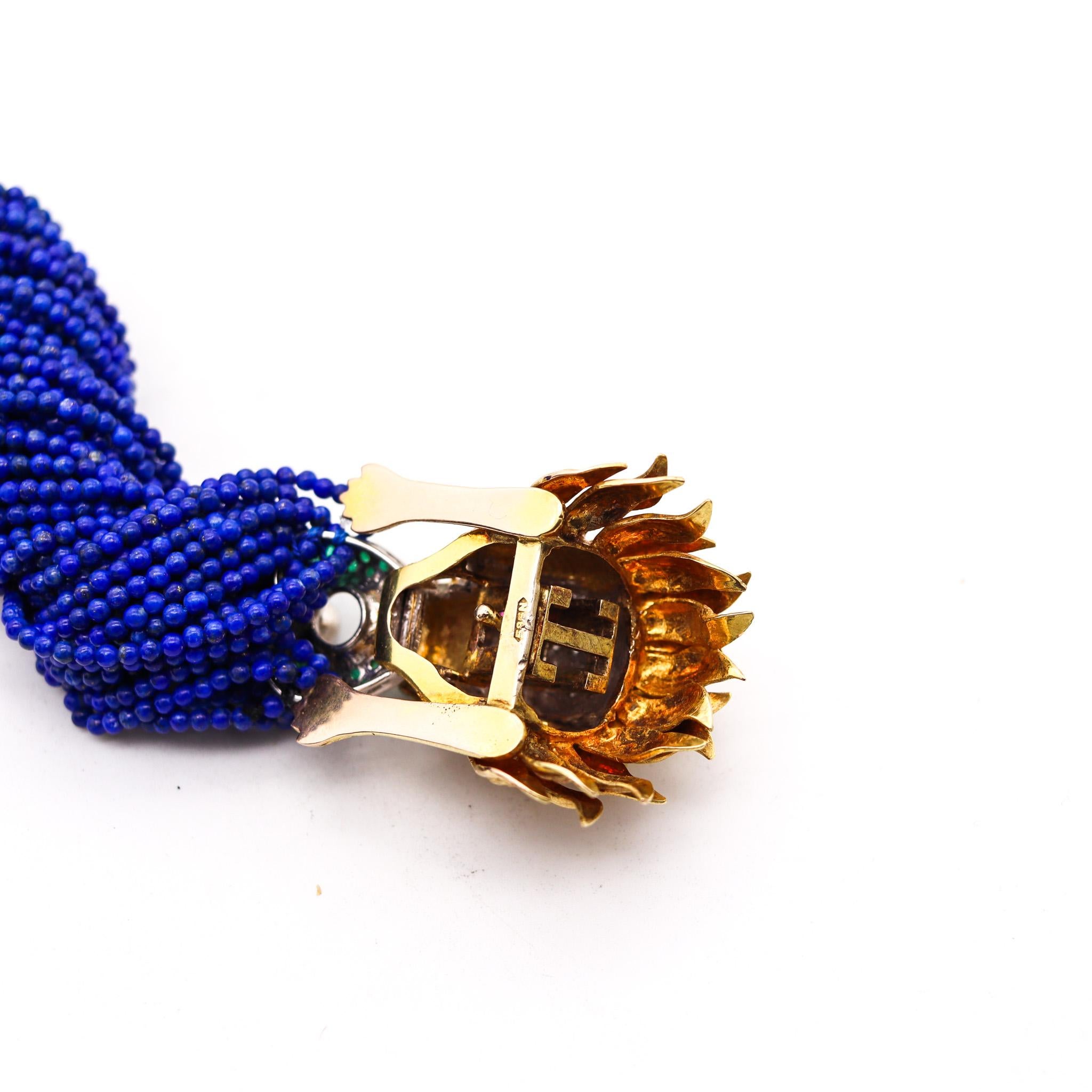 Chinoiserie Lapis Bracelet In 18Kt Gold With 2.17 Ctw Diamonds Emeralds & Rubies In Excellent Condition In Miami, FL
