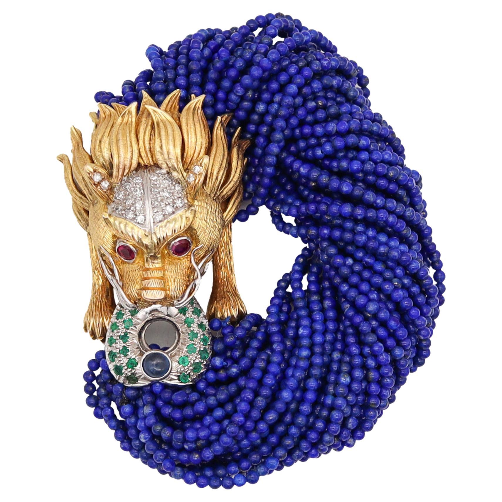Chinoiserie Lapis Bracelet In 18Kt Gold With 2.17 Ctw Diamonds Emeralds & Rubies
