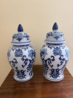 Chinoiserie Large Blue and White Porcelain Ginger Jars, Pair