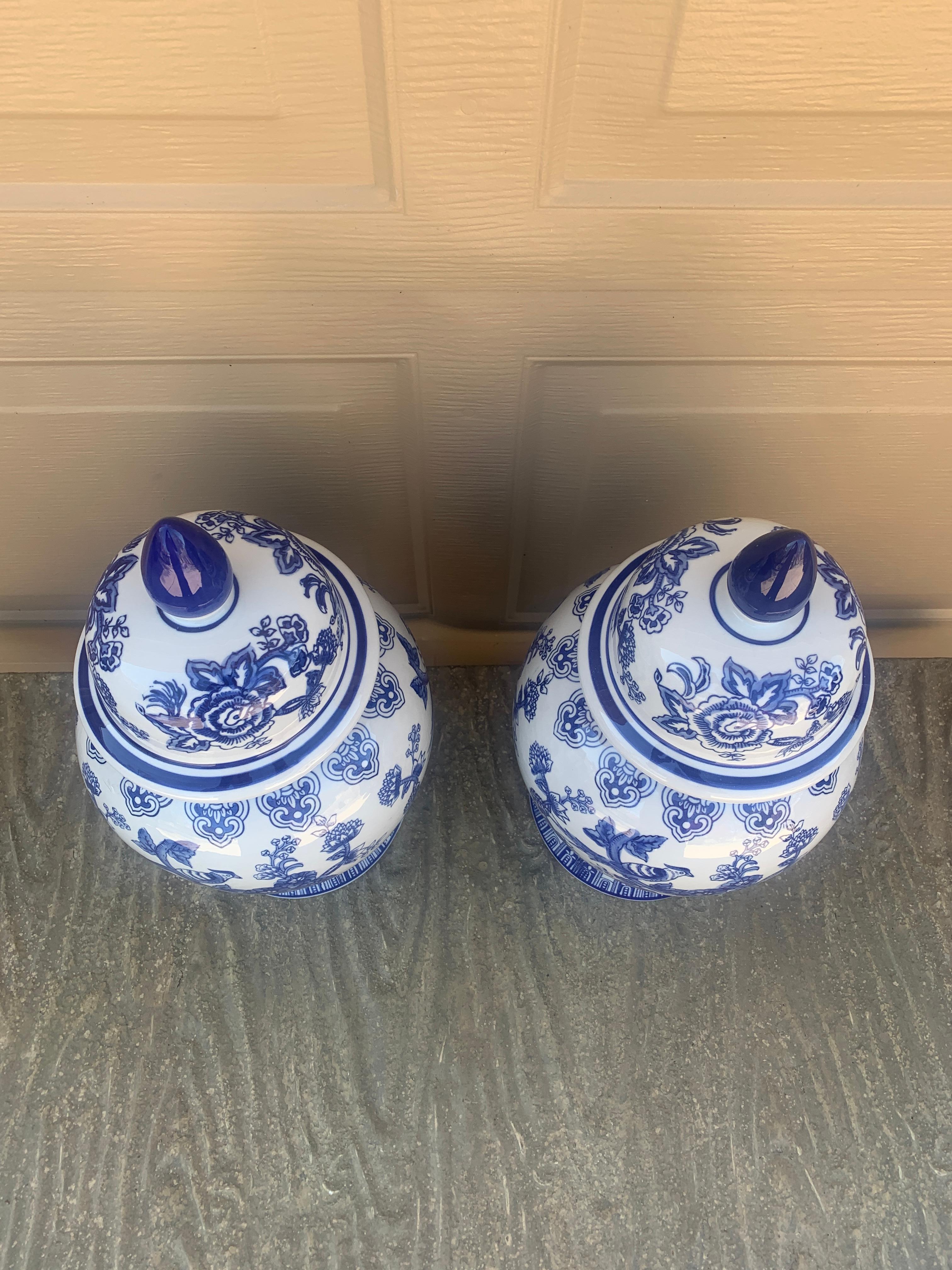 20th Century Chinoiserie Large Blue and White Porcelain Ginger Jars, Pair