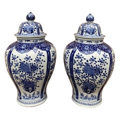 Grandi barattoli di zenzero in porcellana bianca e blu, coppia Chinoiserie