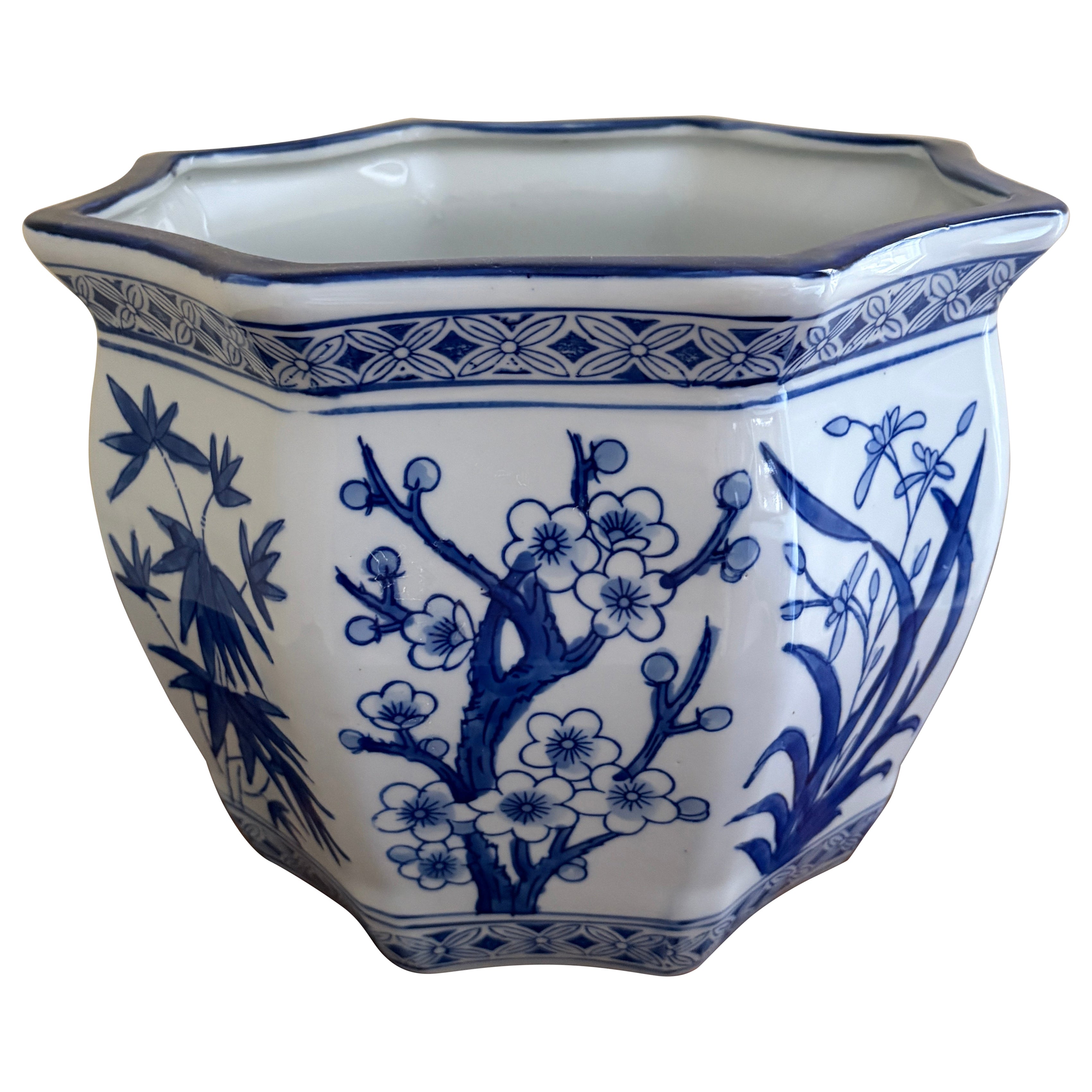 Chinoiserie Pflanzgefäß aus blauem und weißem Porzellan
