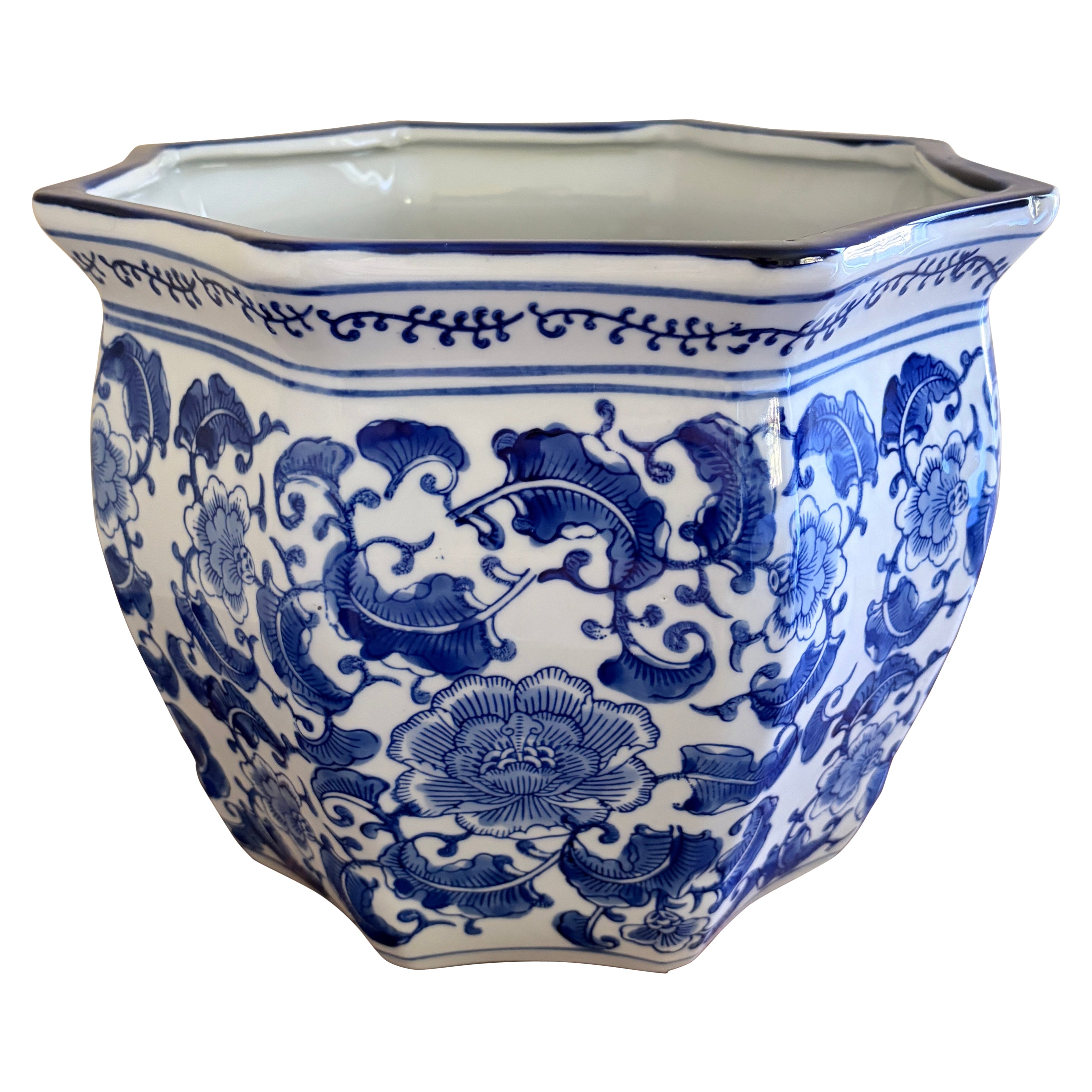 Fioriera in porcellana bianca e blu di grandi dimensioni Chinoiserie