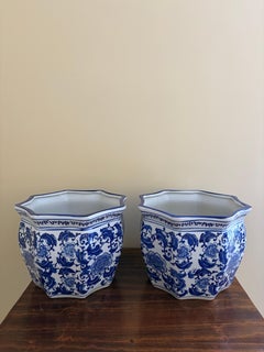 Chinoiserie Large Blue and White Porcelain Planters, Pair