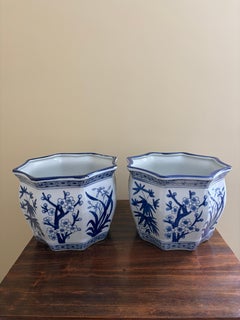 Chinoiserie Large Blue and White Porcelain Planters, Pair