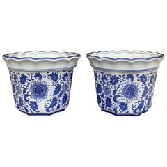Chinoiserie Large Blue and White Porcelain Planters, Pair