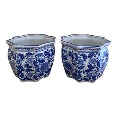 Chinoiserie Large Blue and White Porcelain Planters, Pair