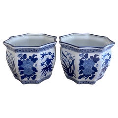 Chinoiserie Large Blue and White Porcelain Planters, Pair
