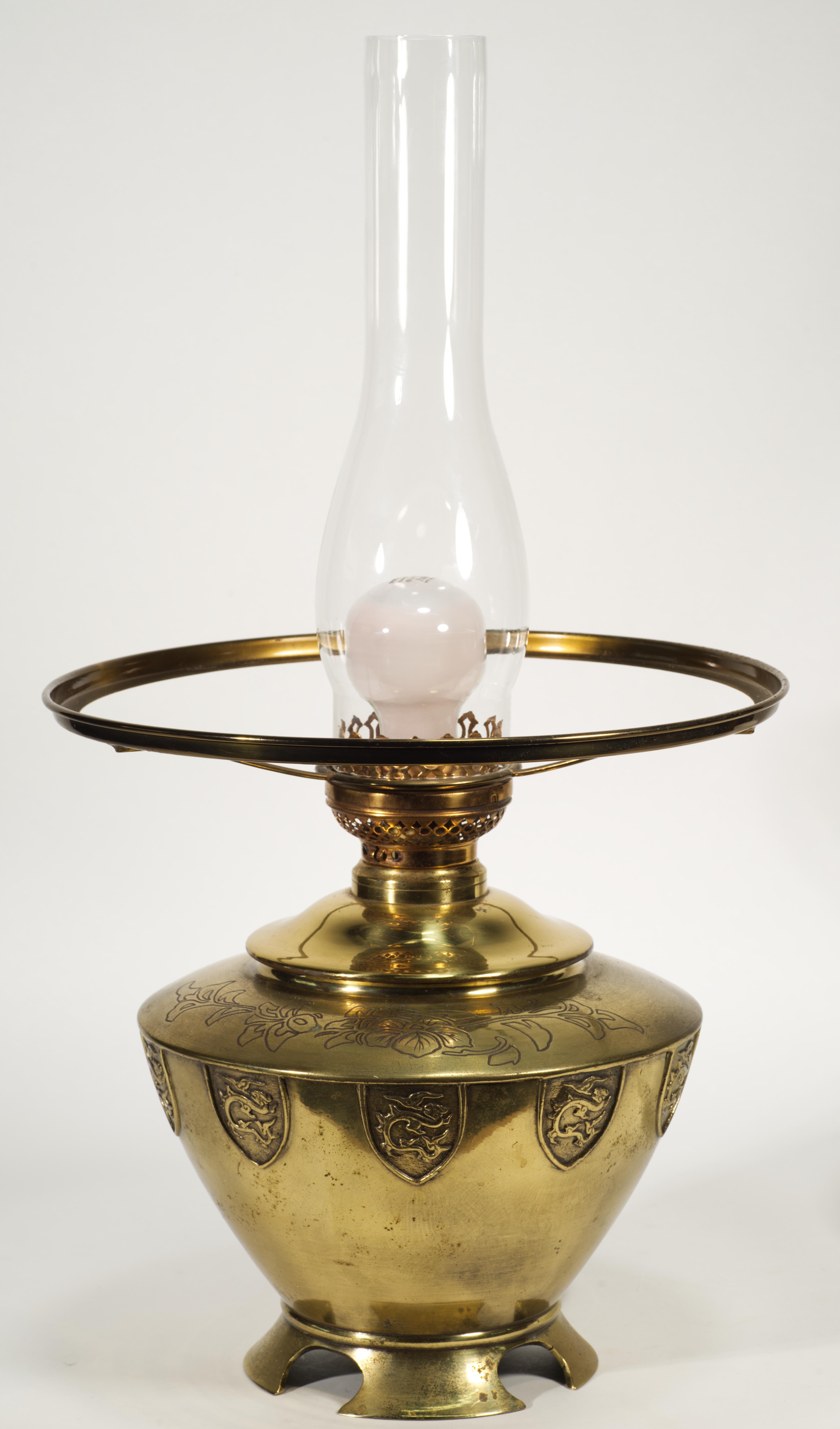 Chinoiserie Large Bronze Electrified Oil Urn Table Lamp, Dragons & Flowers Decor For Sale 5