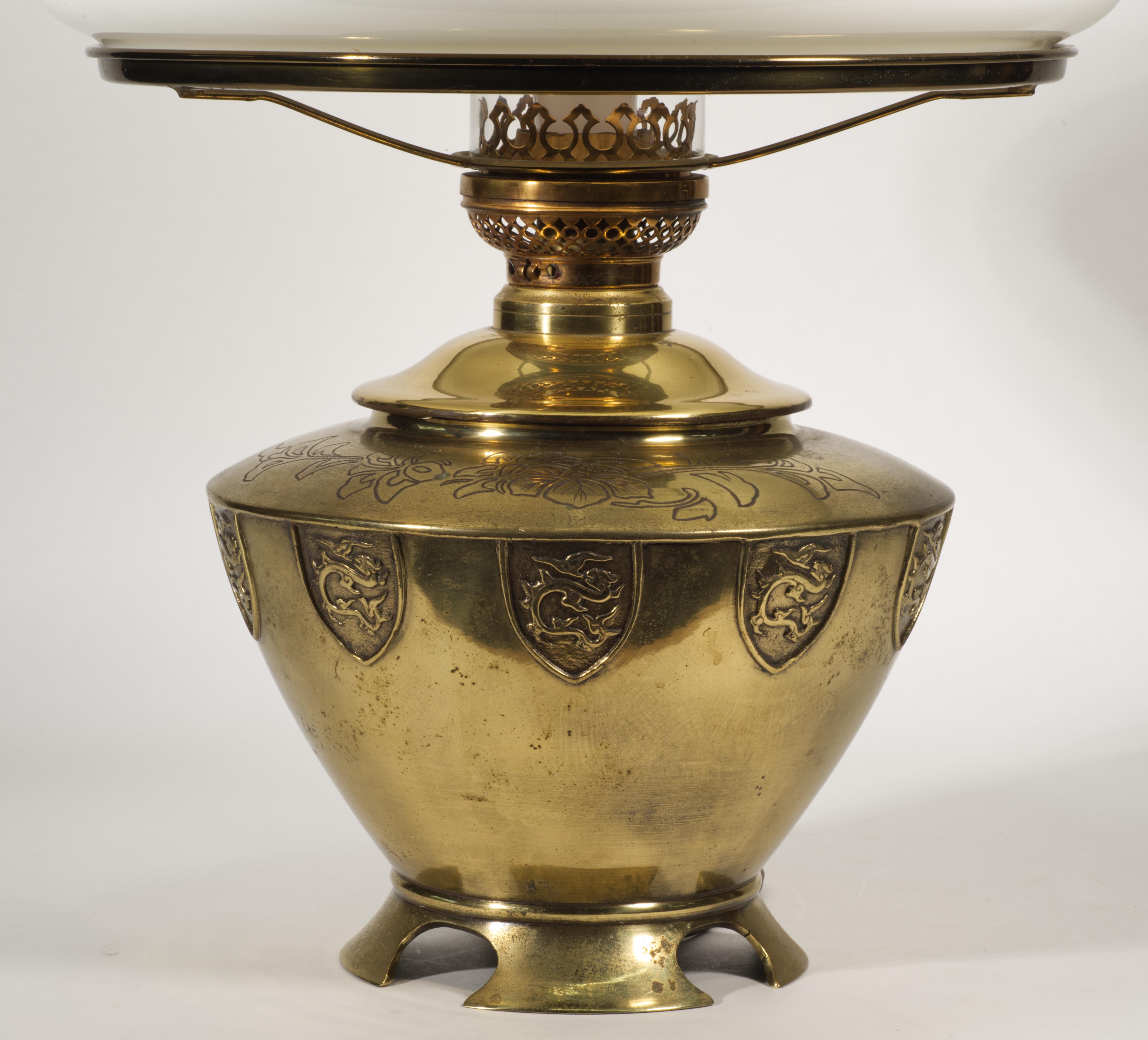 Victorian Chinoiserie Large Bronze Electrified Oil Urn Table Lamp, Dragons & Flowers Decor For Sale