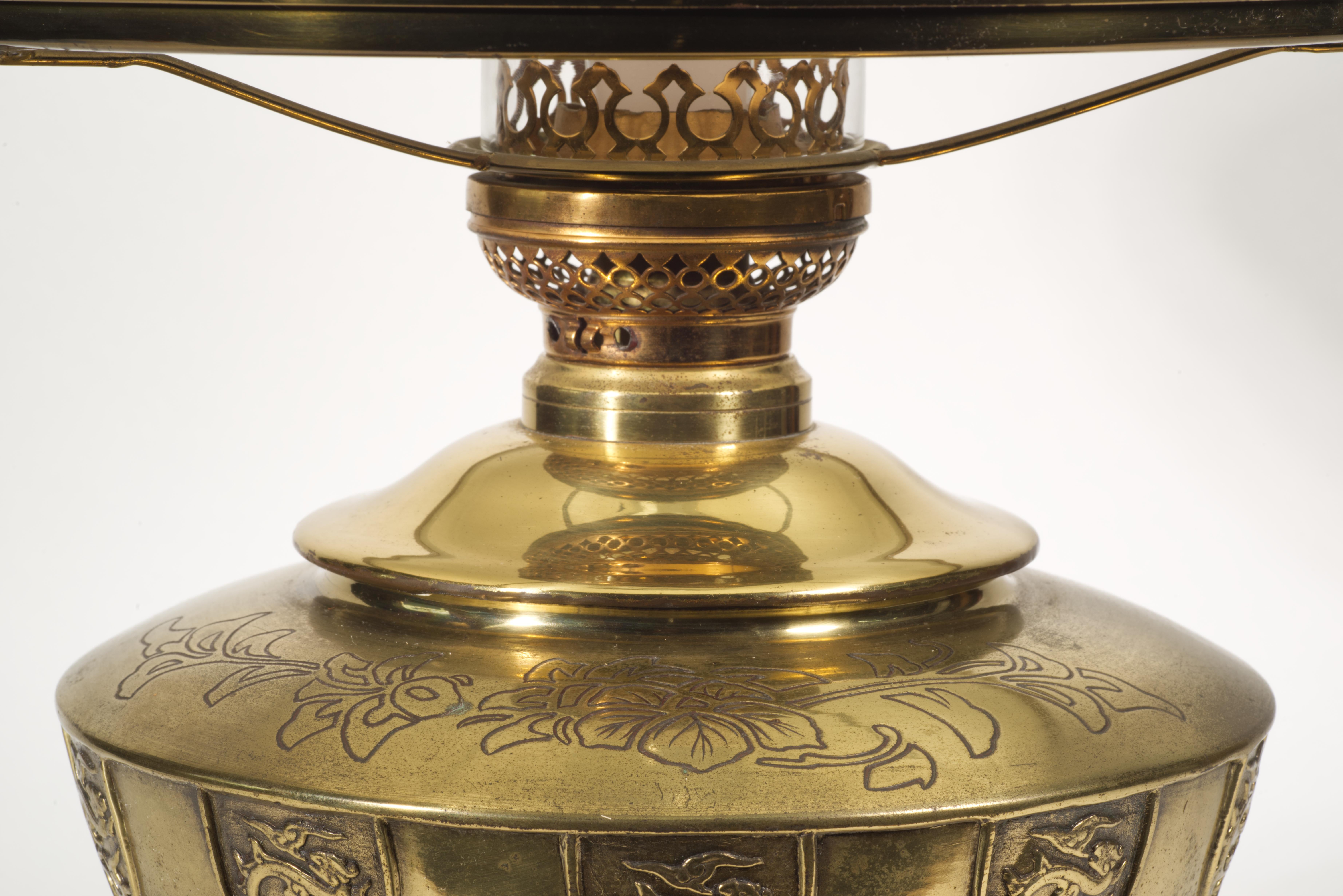 Cast Chinoiserie Large Bronze Electrified Oil Urn Table Lamp, Dragons & Flowers Decor For Sale
