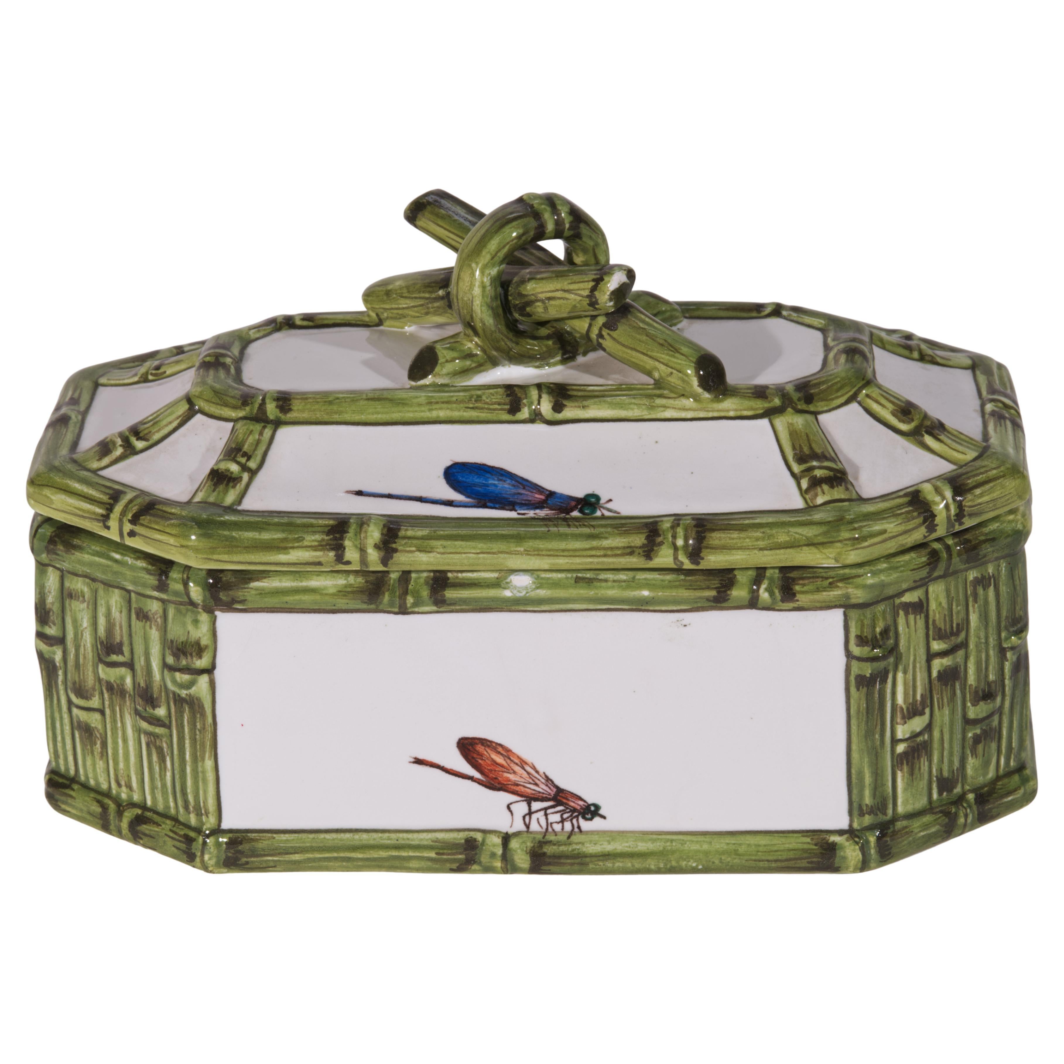 Chinoiserie Large Porcelain Dresser Box with Lid In Style of Ginori, Italy