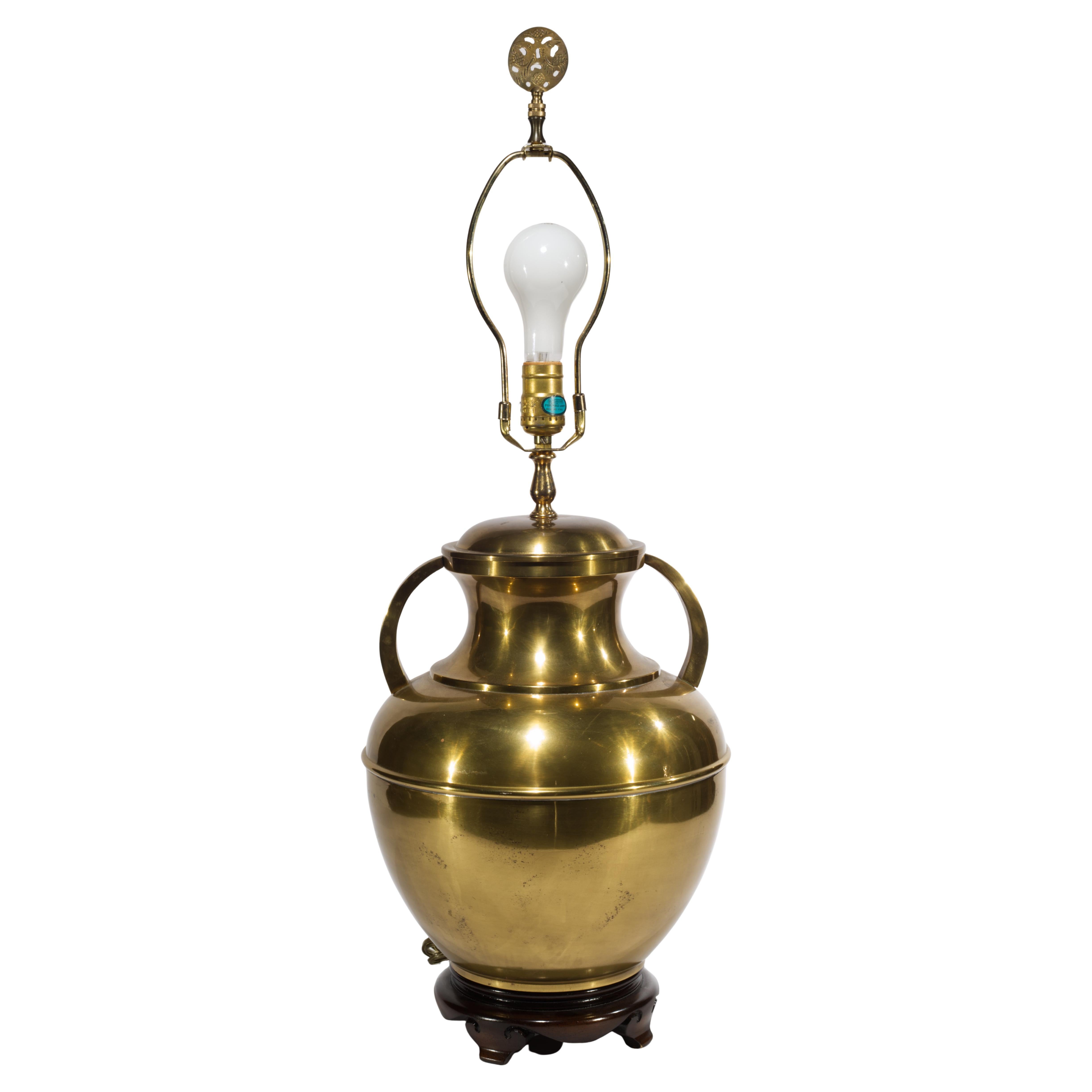 Chinoiserie Large Sculptural Brass Urn Table Lamp with Handles, 1970s