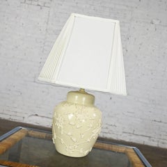 Chinoiserie Latte Clr Ginger Jar Lamp Frosting Design Pleated White Fabric Shade