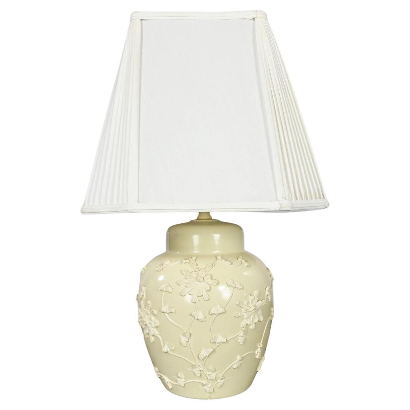 Chinoiserie Latte Clr Ginger Jar Lamp Frosting Design Pleated White Fabric Shade For Sale