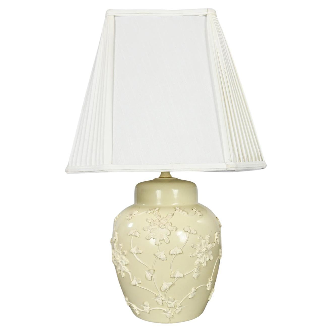 Chinoiserie Latte Clr Ginger Jar Lamp Frosting Design Pleated White Fabric Shade