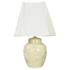 Chinoiserie Latte Clr Ginger Jar Lamp Frosting Design Pleated White Fabric Shade