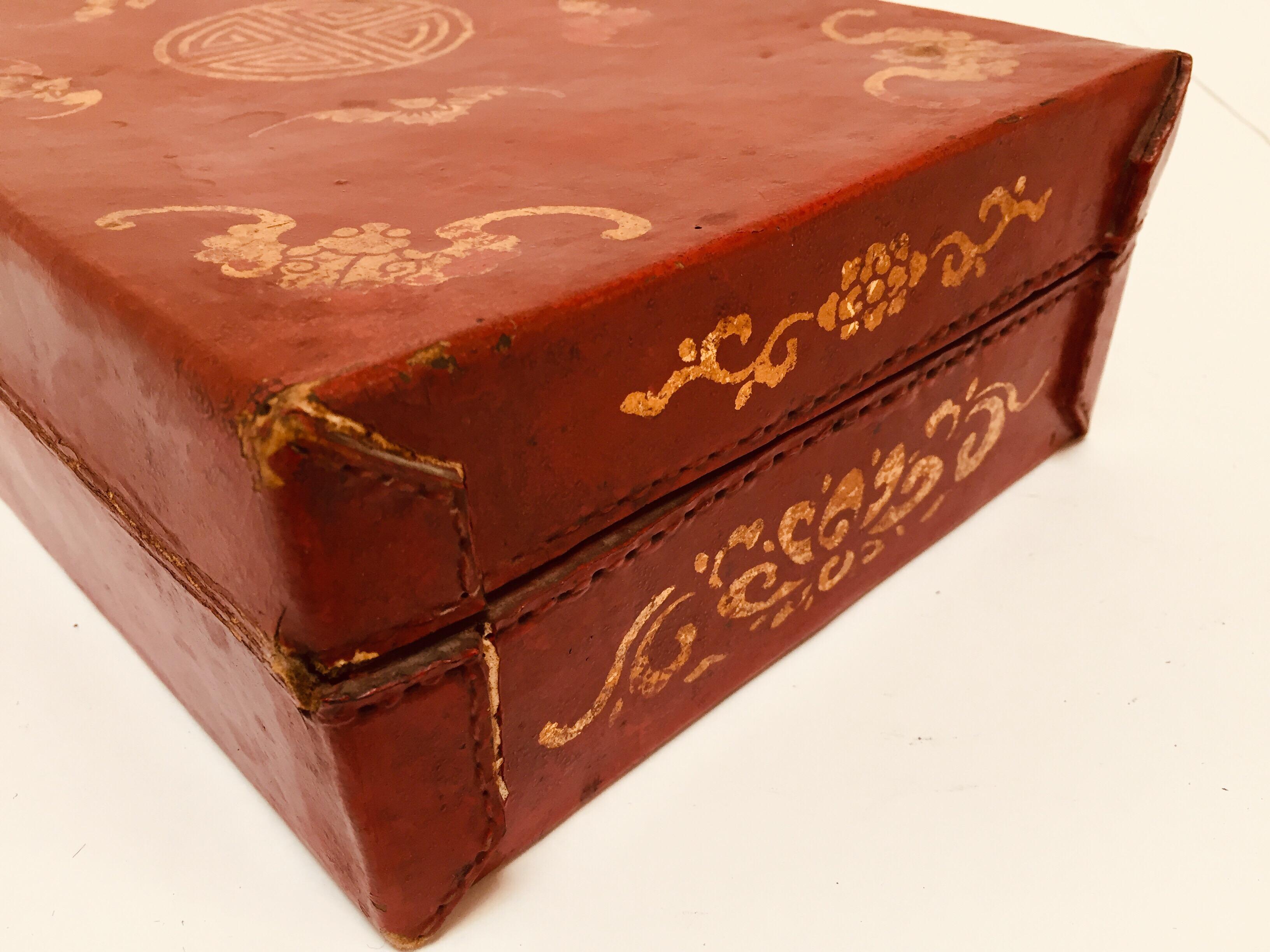 Chinoiserie Leather Red and Gilt Hand Painted Box 4