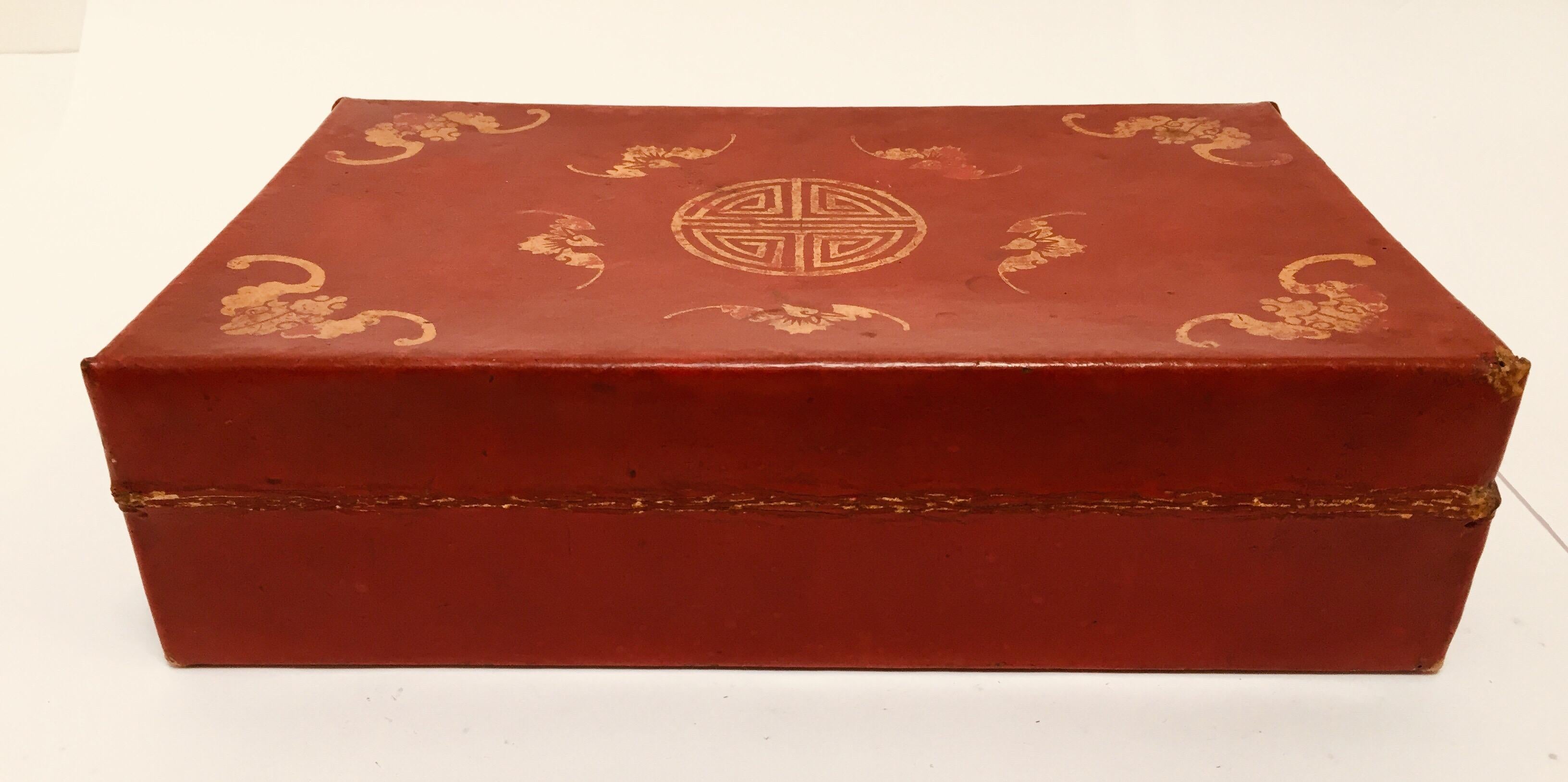 Chinoiserie Leather Red and Gilt Hand Painted Box 5