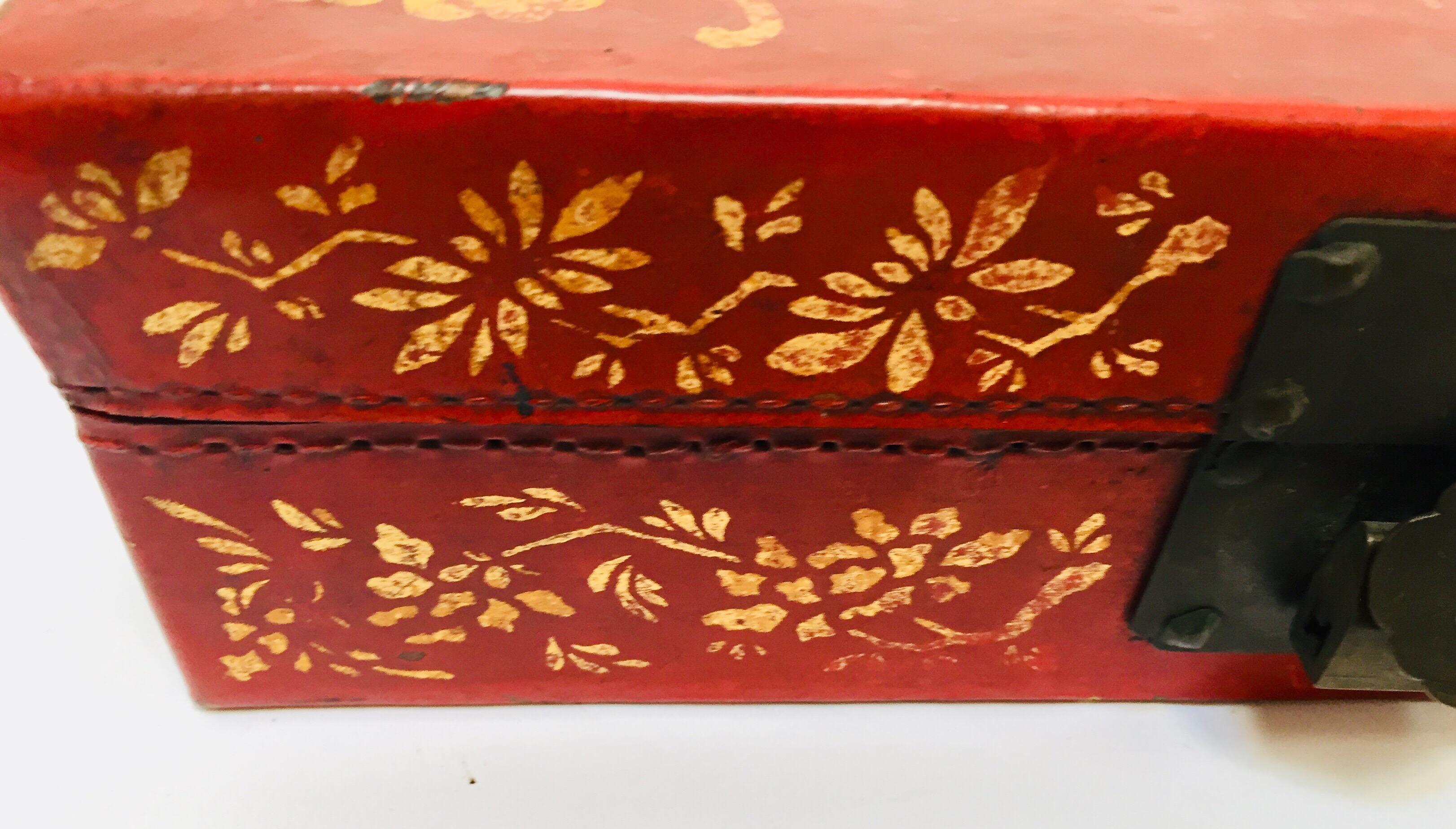 Chinoiserie Leather Red and Gilt Hand Painted Box 9