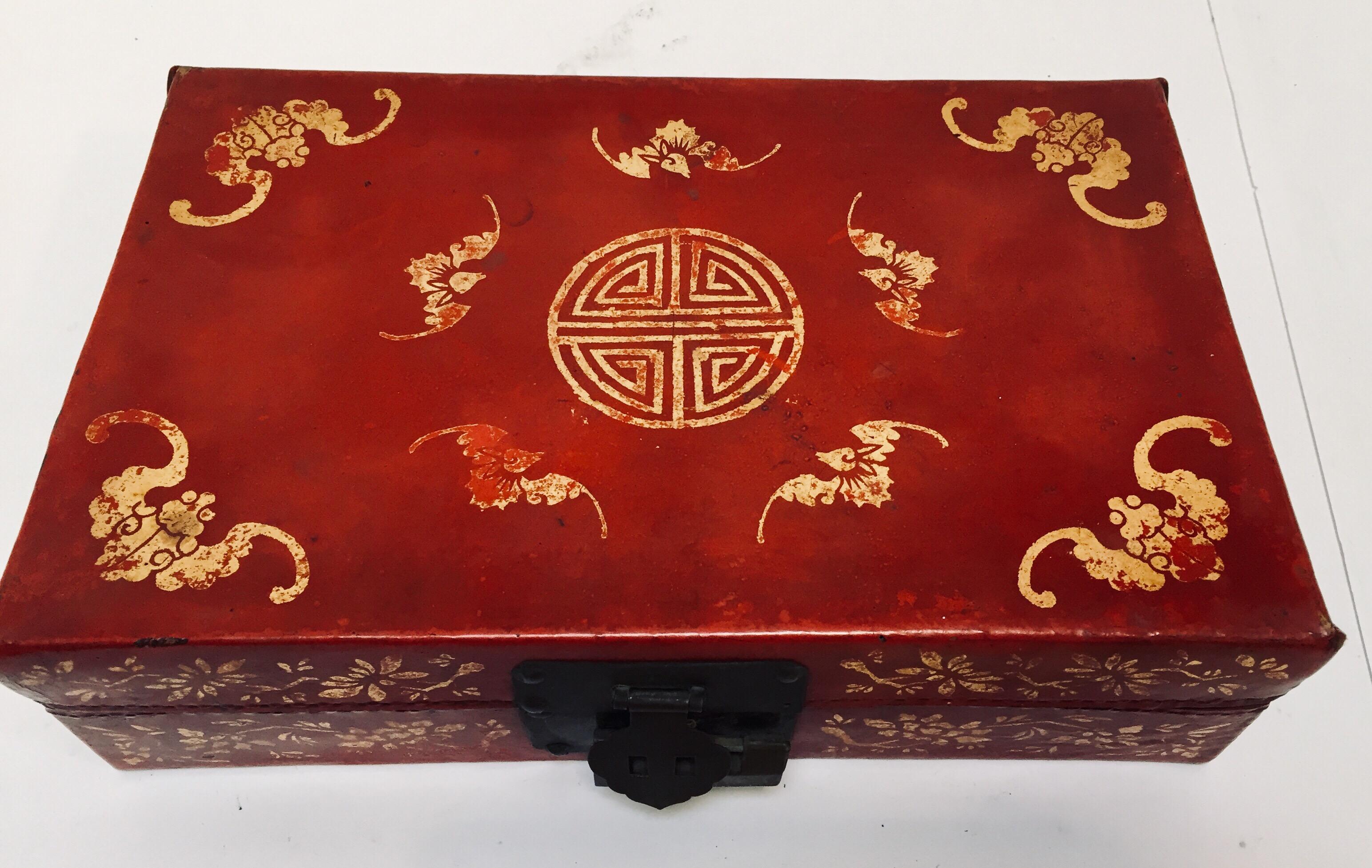 Chinoiserie Leather Red and Gilt Hand Painted Box 11