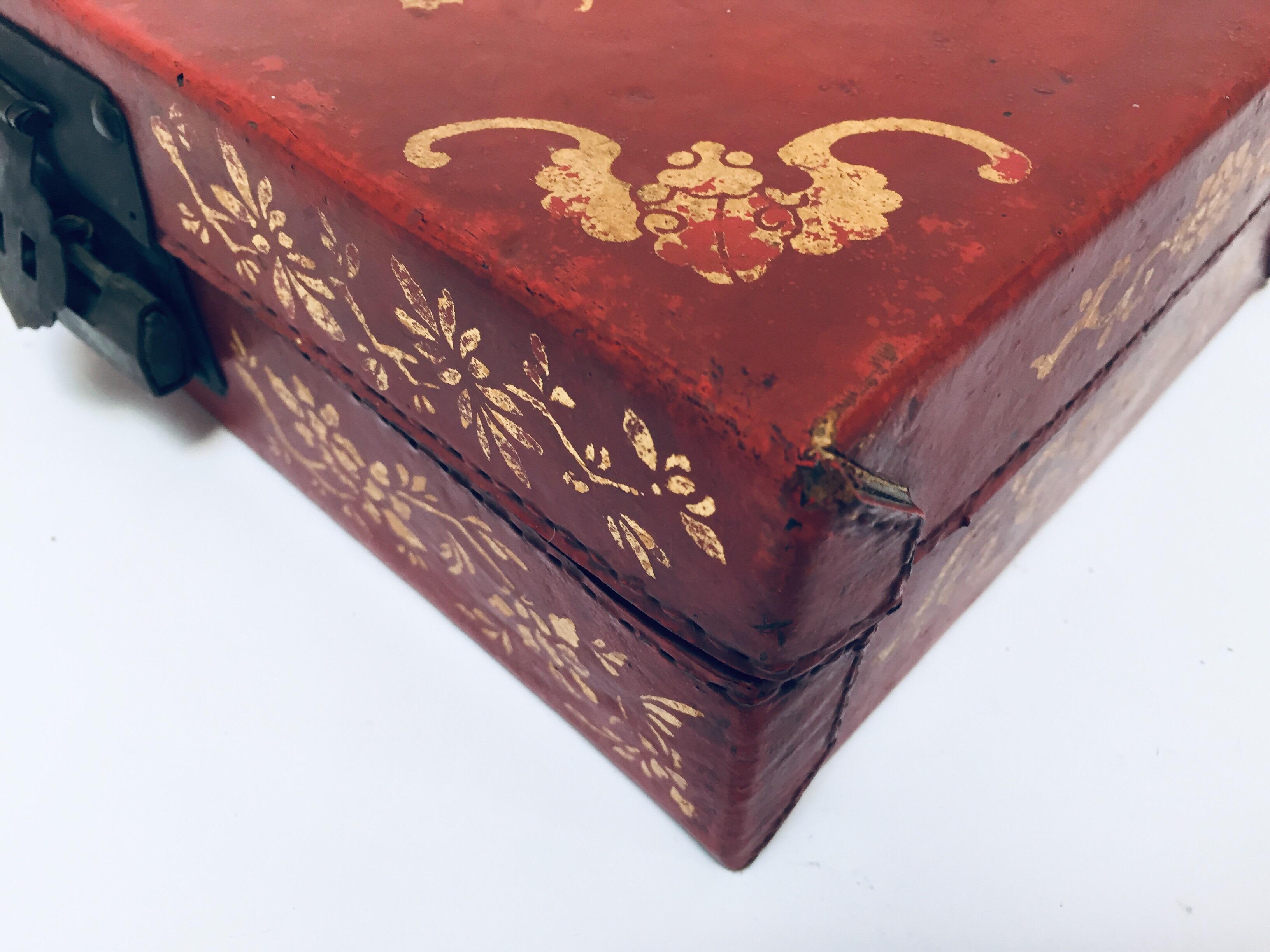 Chinoiserie Leather Red and Gilt Hand Painted Box 12